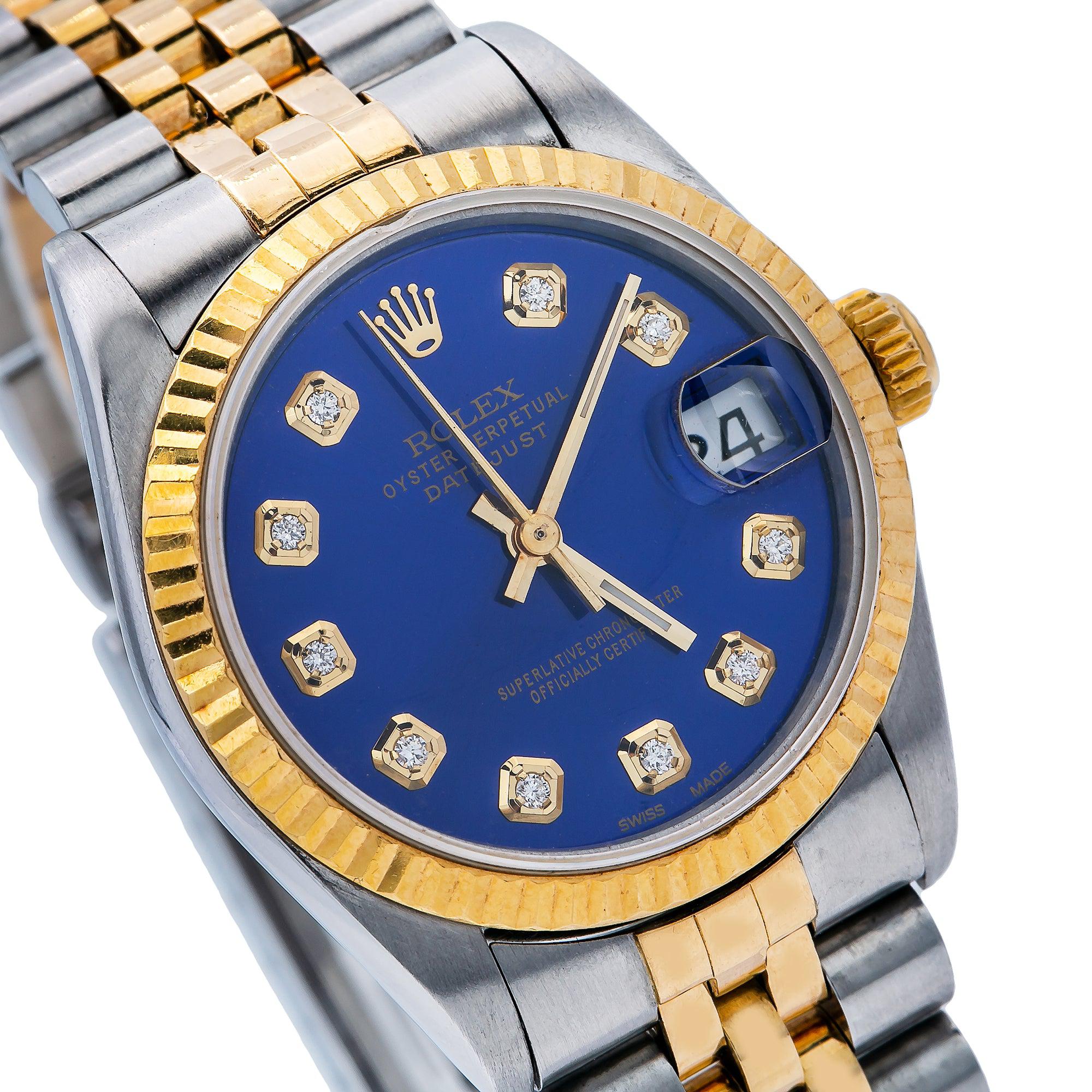 Rolex Datejust 31MM 6824 Blue Diamond Dial Fluted Bezel Two Tone Yellow Gold Jubilee Bracelet