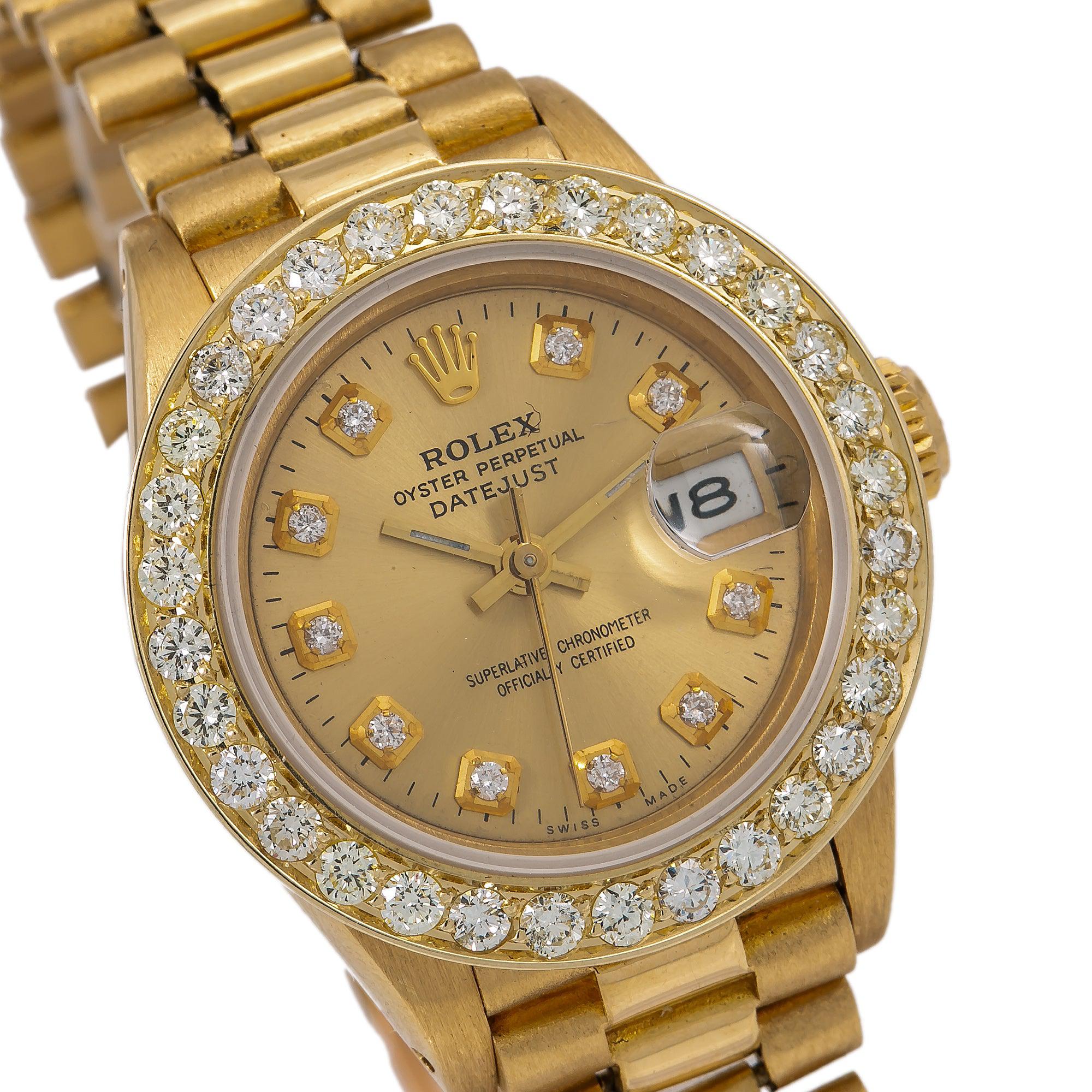 Rolex Datejust 26MM 69178 Champagne Diamond Dial Diamond Bezel 18K Yellow Gold President Bracelet