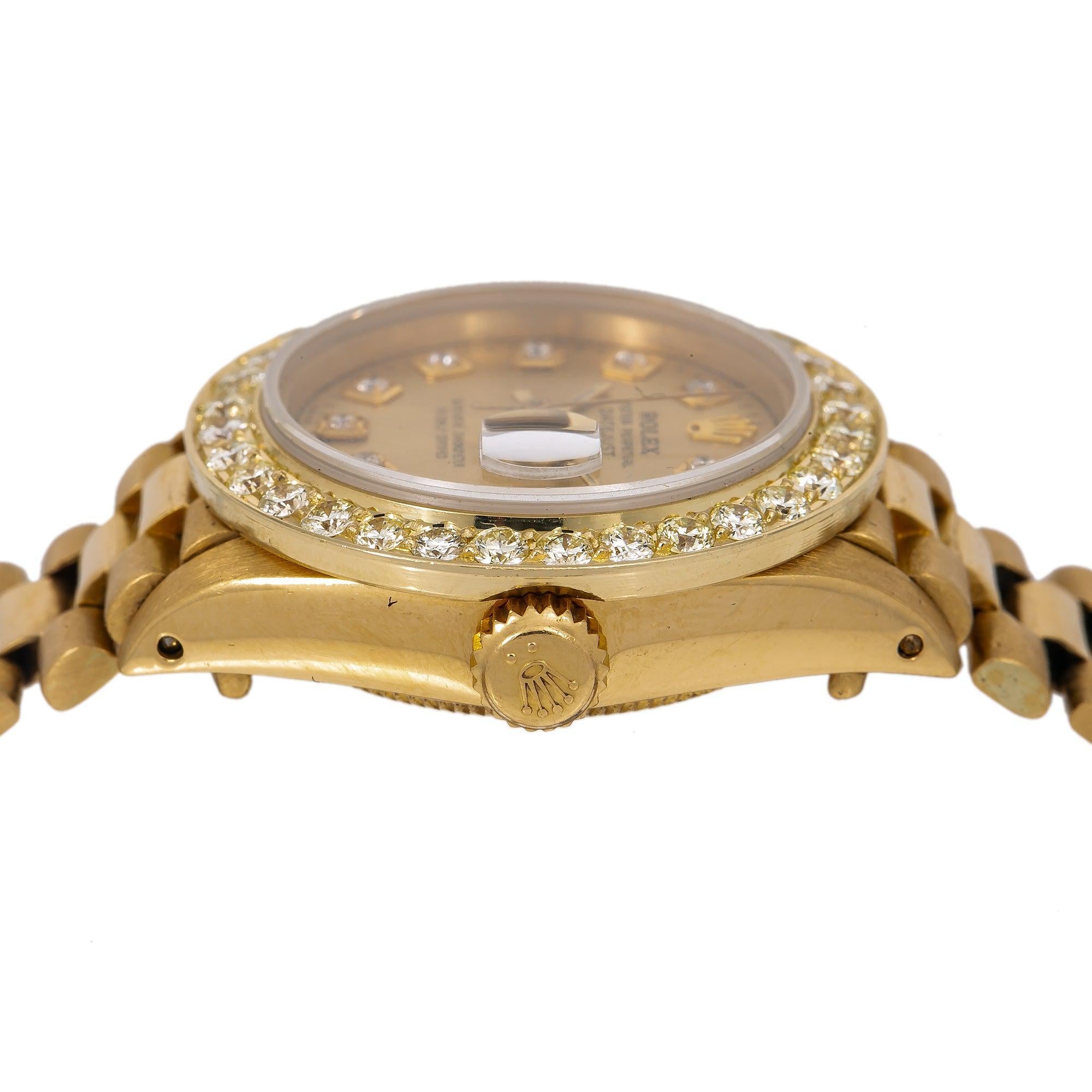 Rolex Datejust 26MM 69178 Champagne Diamond Dial Diamond Bezel 18K Yellow Gold President Bracelet