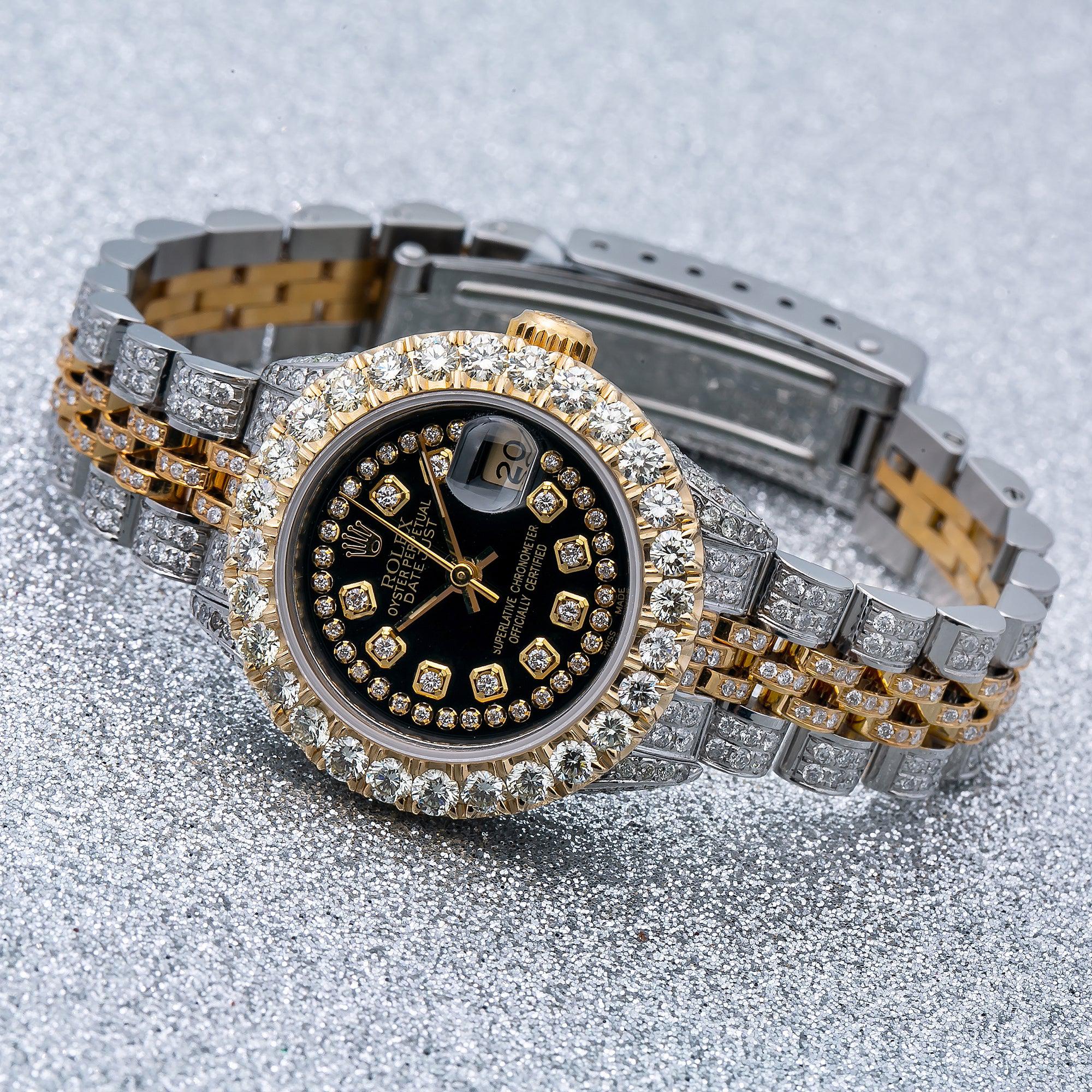 Rolex Datejust 26MM 69173 Black Diamond Dial Diamond Bezel Two Tone Yellow Gold Full Diamond Jubilee Bracelet 5.25ct