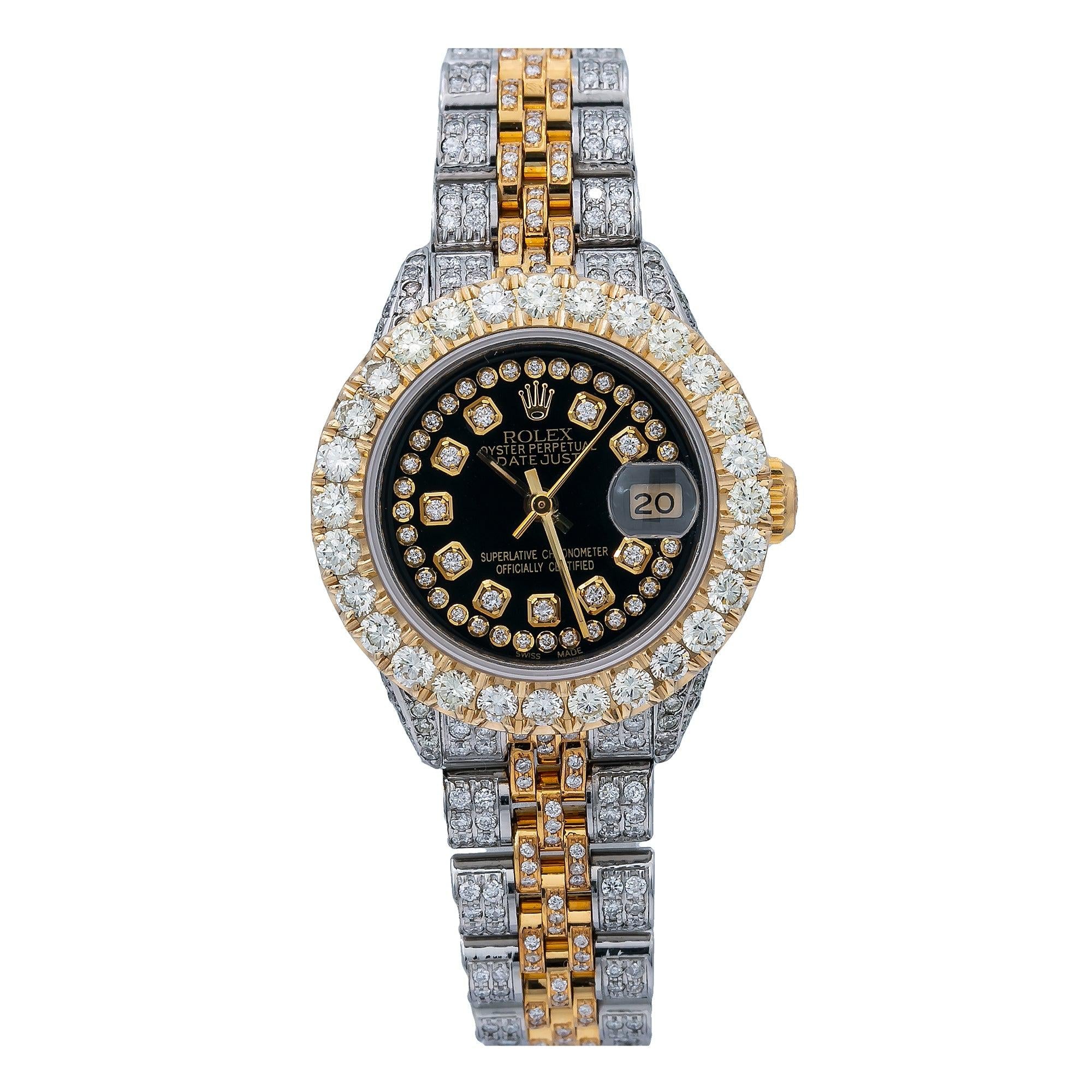 Rolex Datejust 26MM 69173 Black Diamond Dial Diamond Bezel Two Tone Full Diamond Jubilee Bracelet 5.25ct