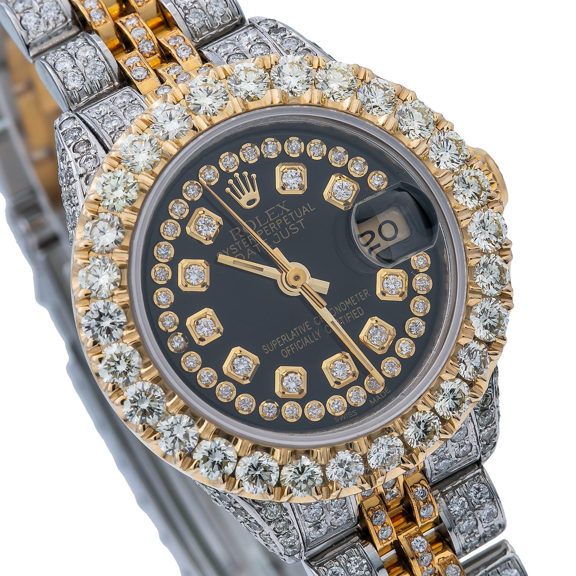 Rolex Datejust 26MM 69173 Black Diamond Dial Diamond Bezel Two Tone Yellow Gold Full Diamond Jubilee Bracelet 5.25ct