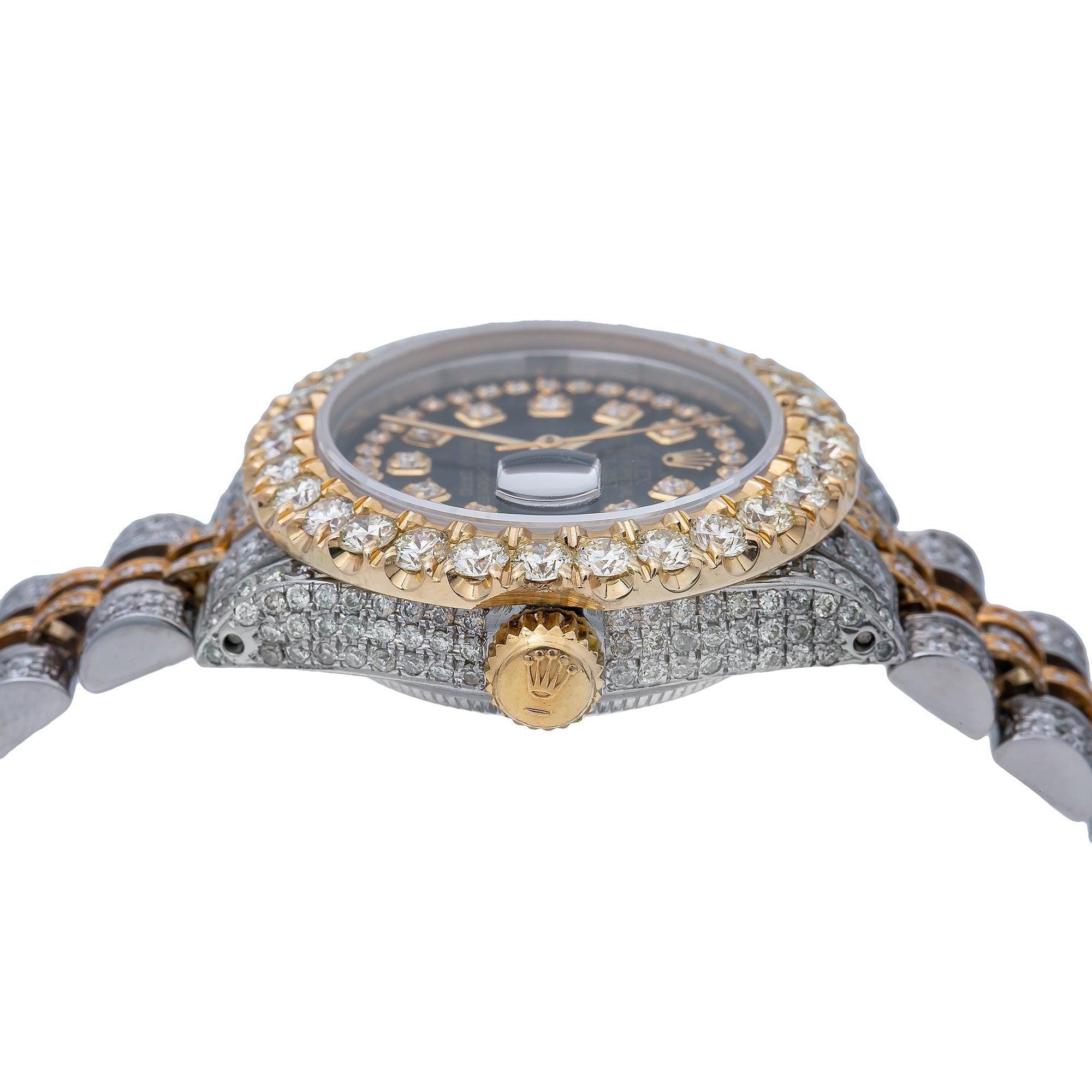 Rolex Datejust 26MM 69173 Black Diamond Dial Diamond Bezel Two Tone Yellow Gold Full Diamond Jubilee Bracelet 5.25ct