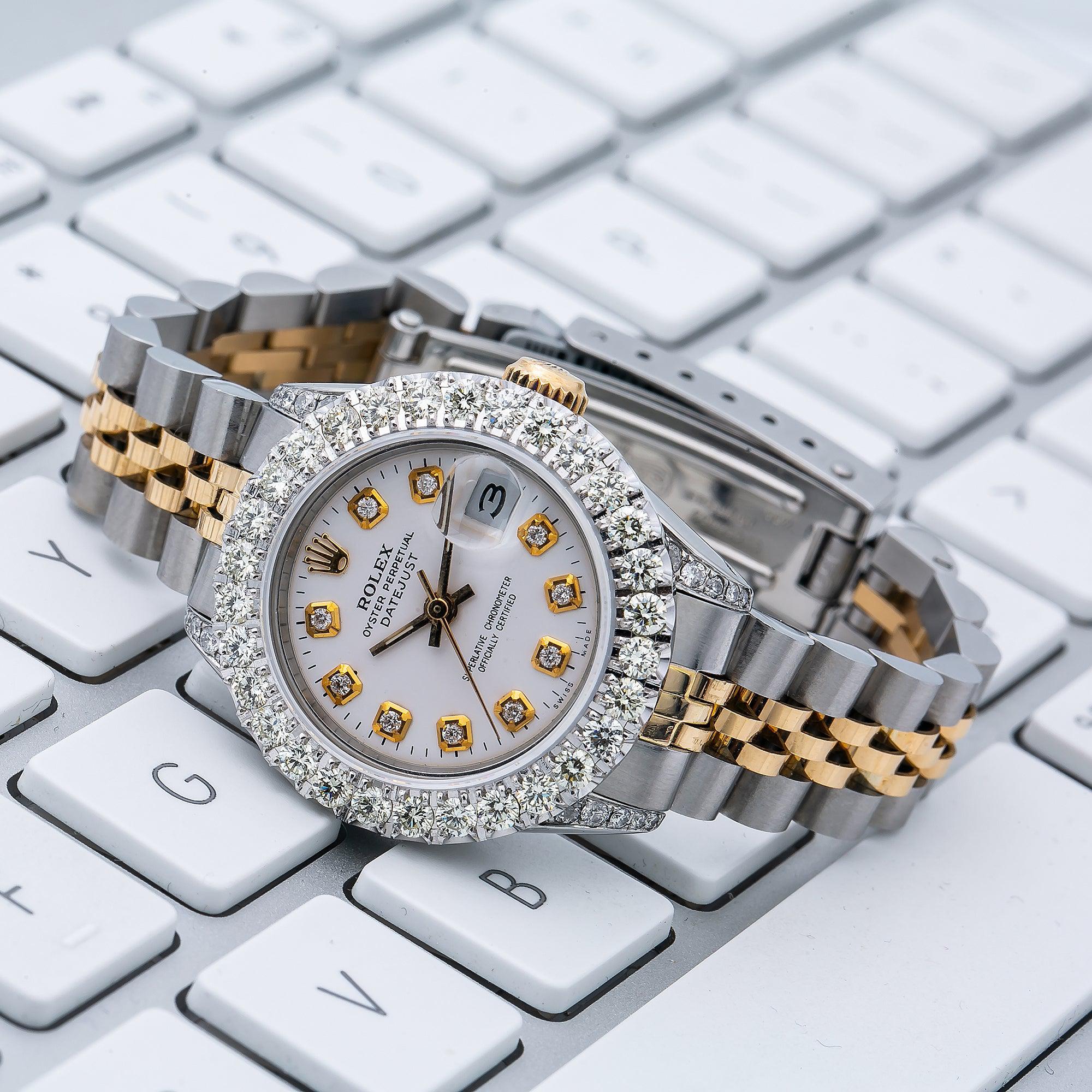 Rolex Datejust 26MM 69173 White Diamond Dial Diamond Bezel Two Tone Yellow Gold Jubilee Bracelet 1.8ct