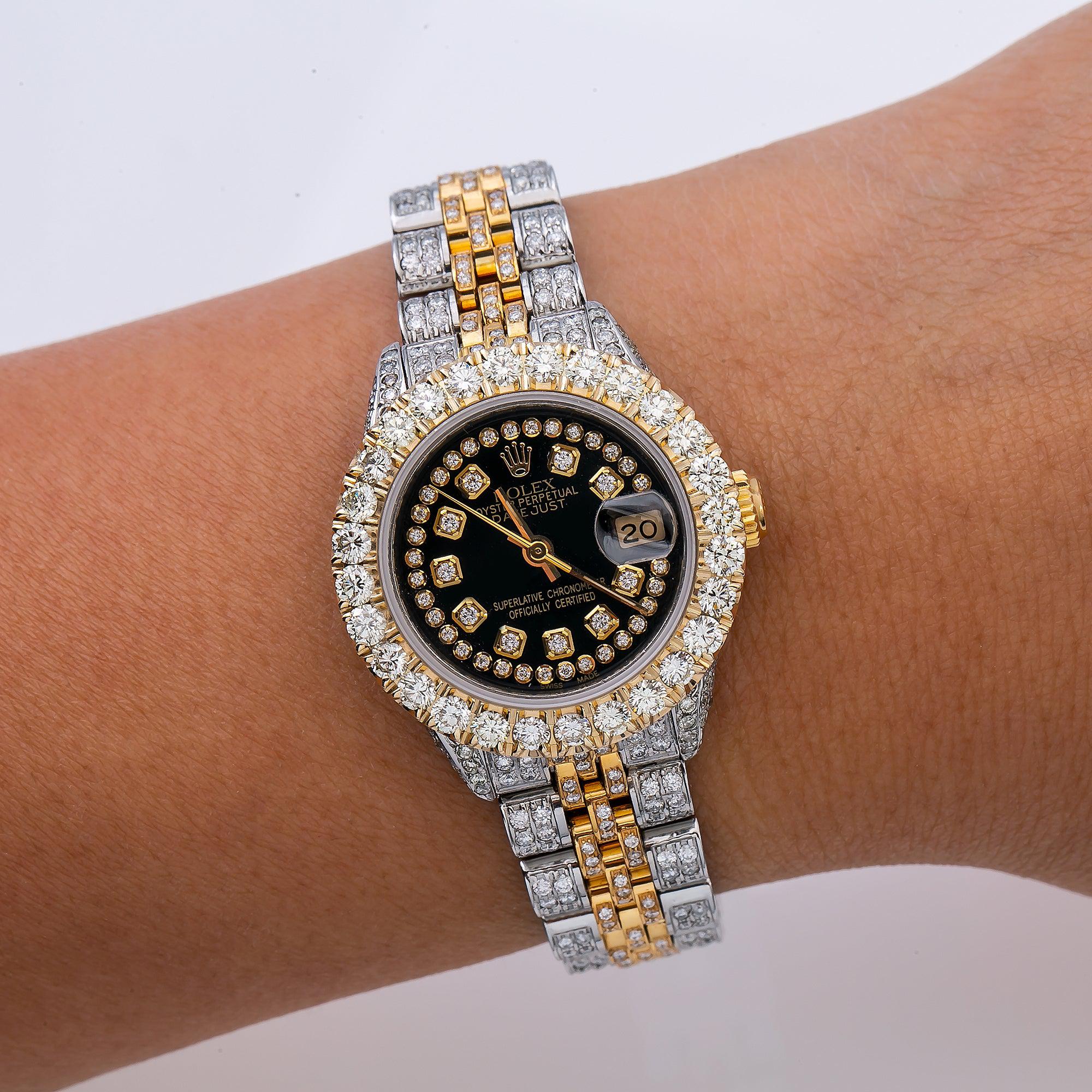 Rolex Datejust 26MM 69173 Black Diamond Dial Diamond Bezel Two Tone Yellow Gold Full Diamond Jubilee Bracelet 5.25ct