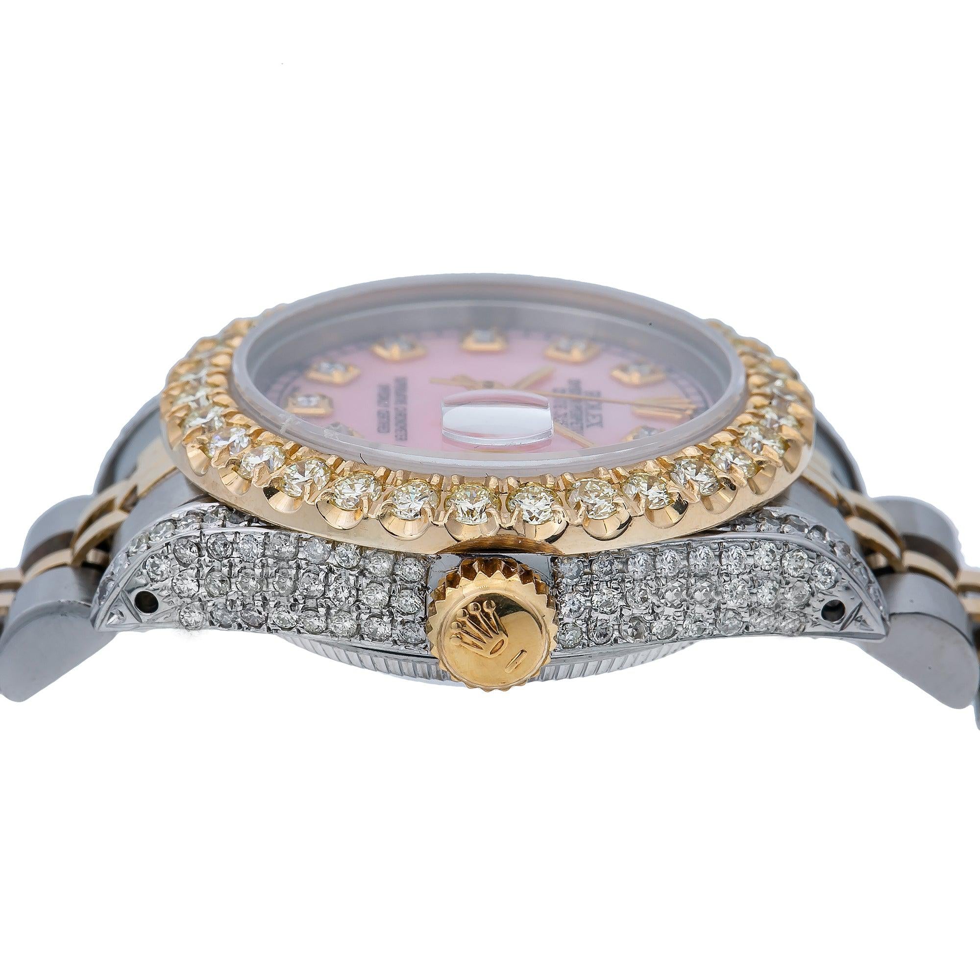 Rolex Datejust 26MM 6917 Pink Mother of Pearl Diamond Dial Diamond Bezel Two Tone Yellow Gold Jubilee Bracelet 2.75ct