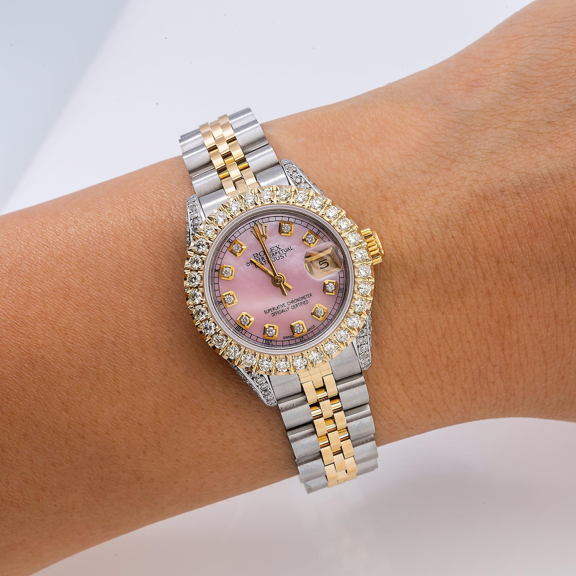 Rolex Datejust 26MM 6917 Pink Mother of Pearl Diamond Dial Diamond Bezel Two Tone Yellow Gold Jubilee Bracelet 2.75ct