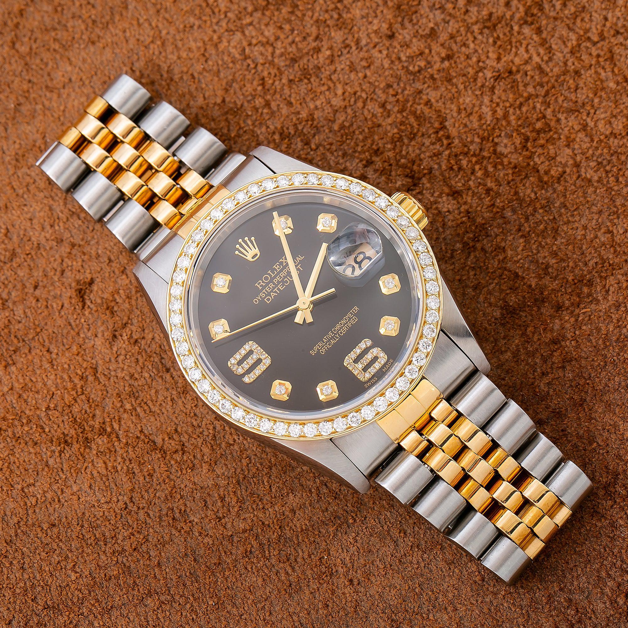 Rolex Datejust 36MM 16013 Black Arabic Diamond Dial Diamond Bezel Two Tone Yellow Gold Jubilee Bracelet 1.2ct