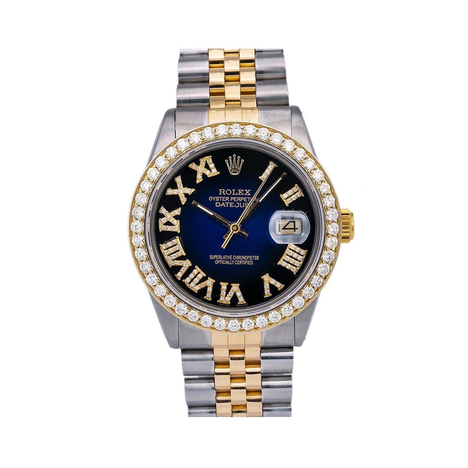 Rolex Datejust 36MM 16013 Blue Roman Diamond Dial Diamond Bezel Two Tone Yellow Gold Jubilee Bracelet 1.35ct