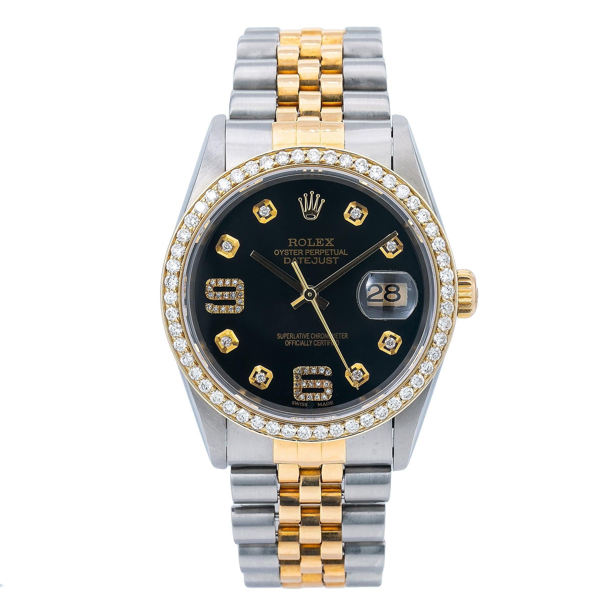 Rolex Datejust 36MM 16013 Black Arabic Diamond Dial Diamond Bezel Two Tone Yellow Gold Jubilee Bracelet 1.2ct