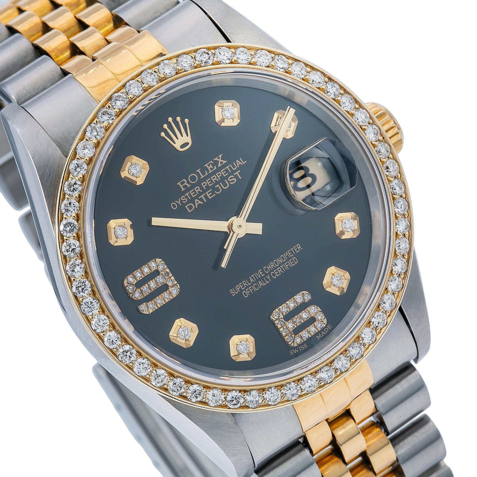 Rolex Datejust 36MM 16013 Black Arabic Diamond Dial Diamond Bezel Two Tone Yellow Gold Jubilee Bracelet 1.2ct