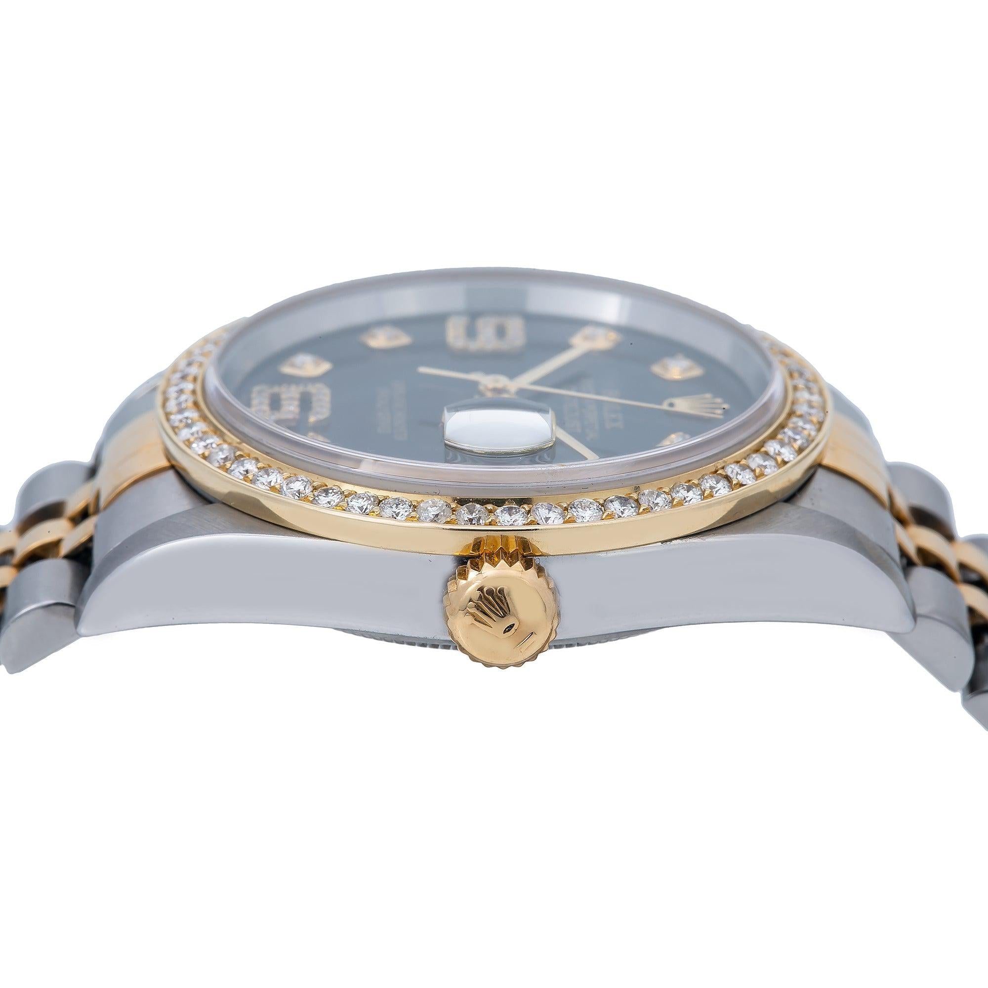 Rolex Datejust 36MM 16013 Black Arabic Diamond Dial Diamond Bezel Two Tone Yellow Gold Jubilee Bracelet 1.2ct