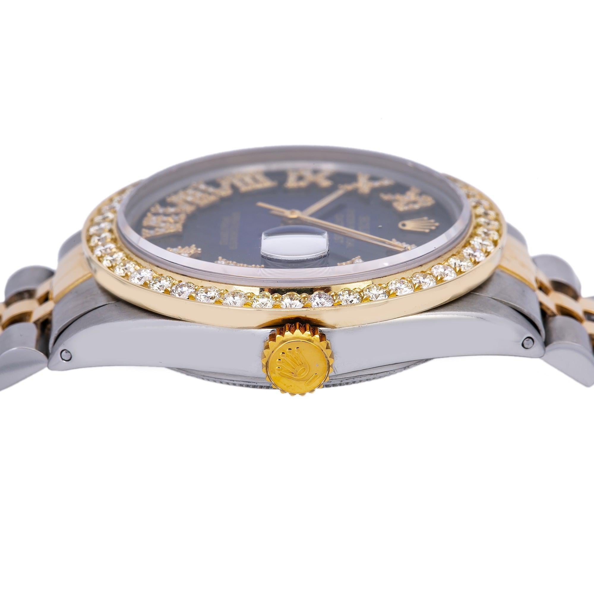 Rolex Datejust 36MM 16013 Blue Roman Diamond Dial Diamond Bezel Two Tone Yellow Gold Jubilee Bracelet 1.35ct