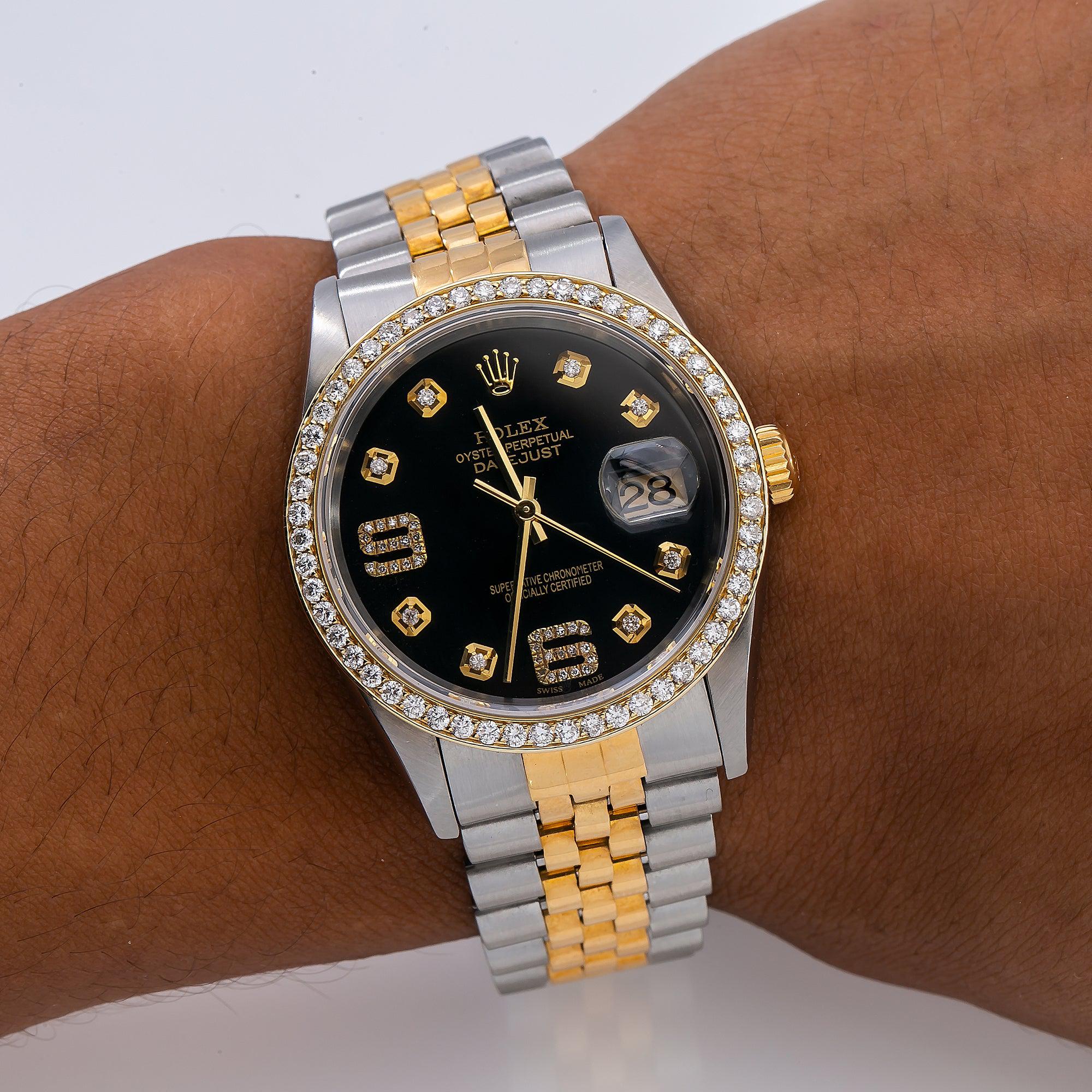 Rolex Datejust 36MM 16013 Black Arabic Diamond Dial Diamond Bezel Two Tone Yellow Gold Jubilee Bracelet 1.2ct