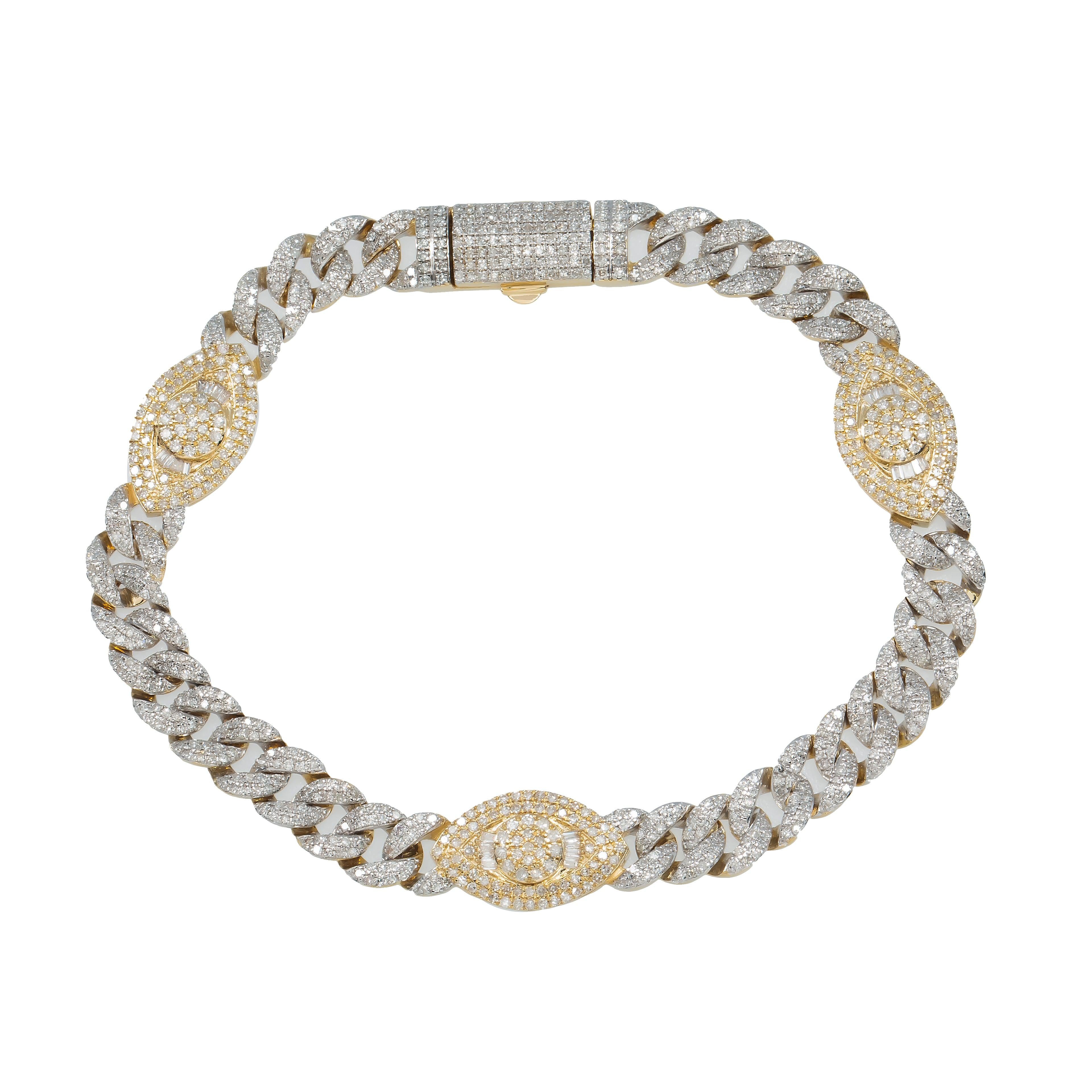 14K GOLD CUBAN EVIL EYES BRACELET 3.40 CT DIAMONDS