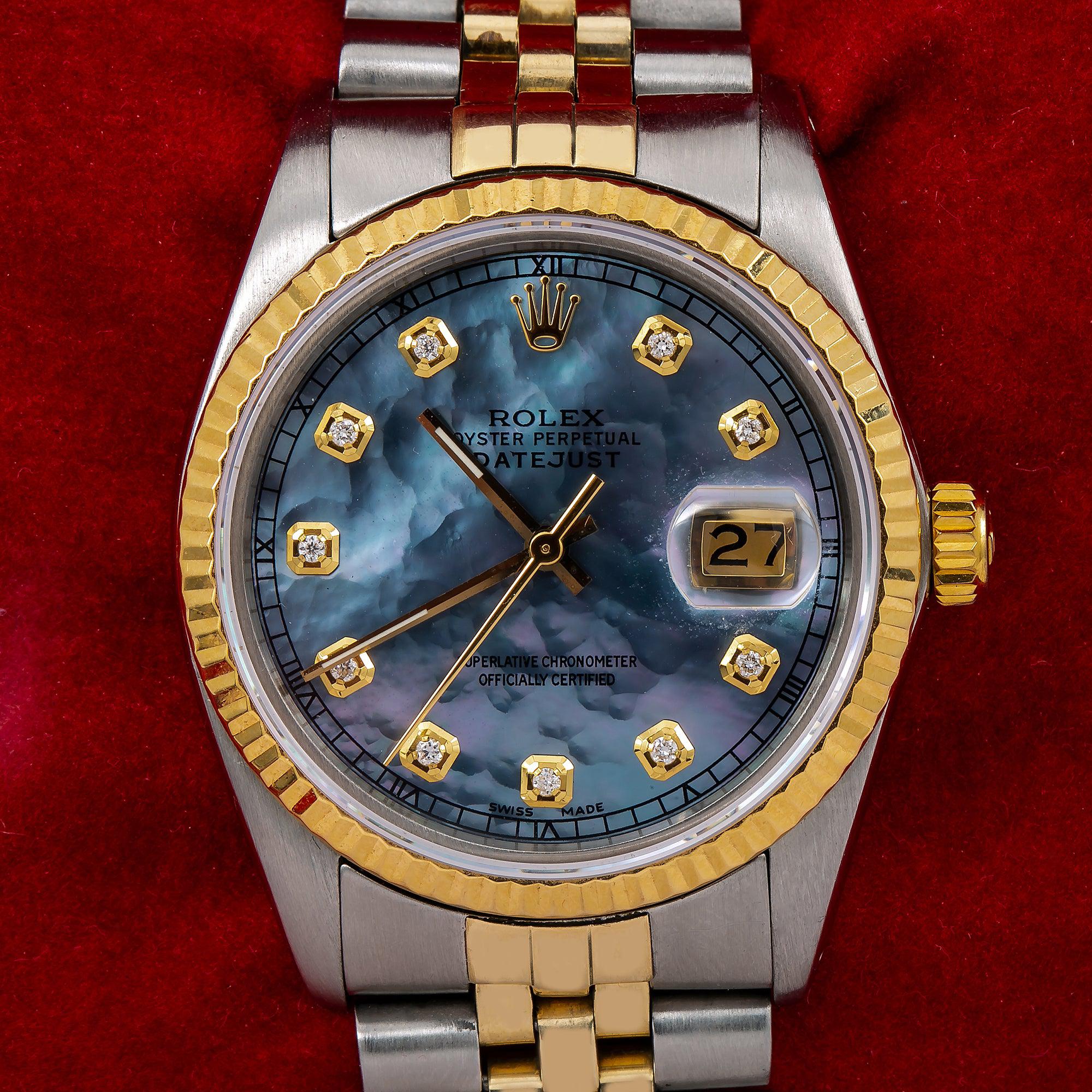 Rolex Datejust 36MM 16013 Blue Mother of Pearl Diamond Dial Fluted Bezel Two Tone Yellow Gold Jubilee Bracelet
