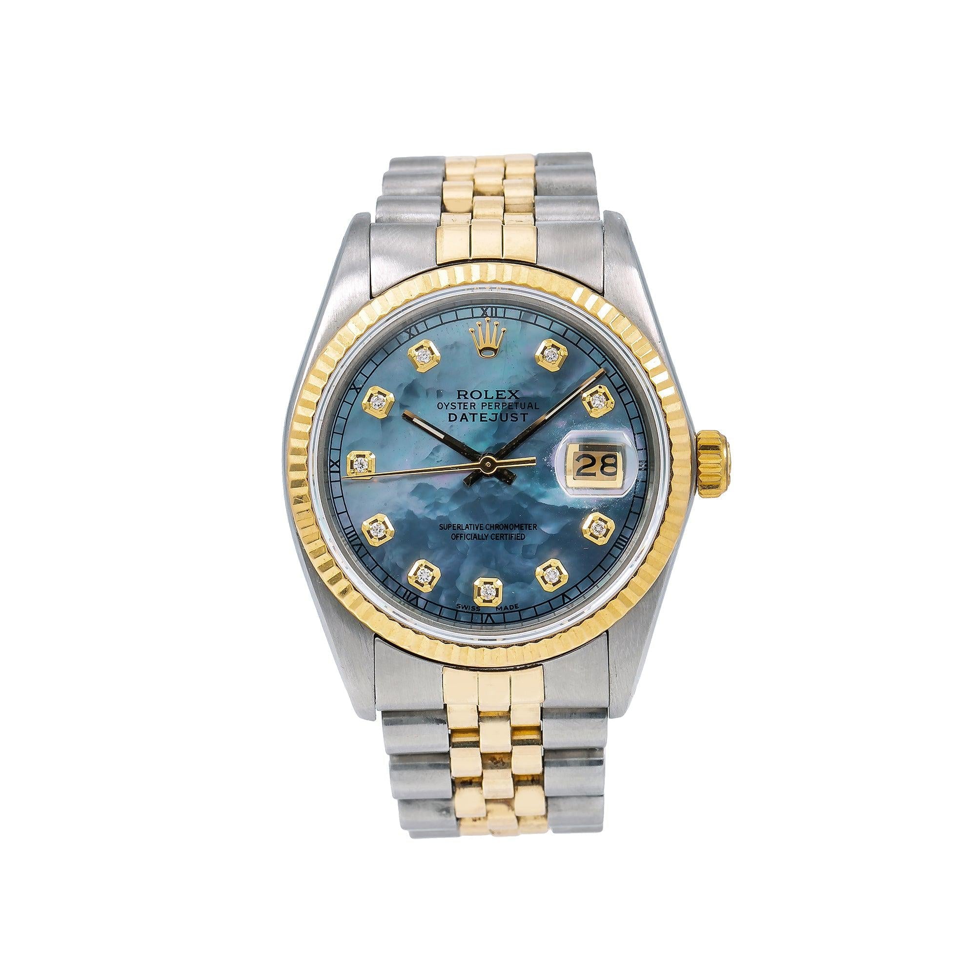 Rolex Datejust 36MM 16013 Blue Mother of Pearl Diamond Dial Fluted Bezel Two Tone Yellow Gold Jubilee Bracelet