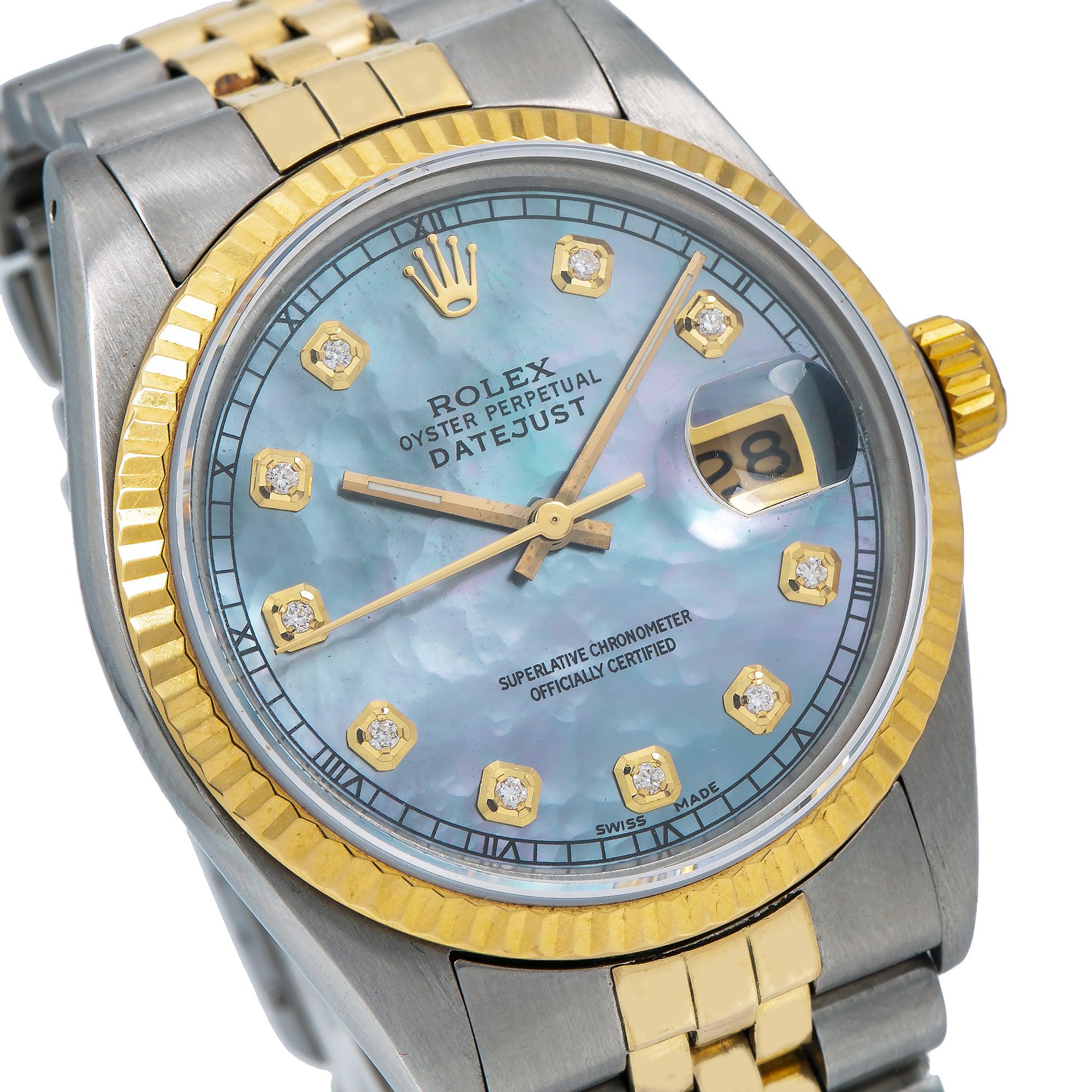 Rolex Datejust 36MM 16013 Blue Mother of Pearl Diamond Dial Fluted Bezel Two Tone Yellow Gold Jubilee Bracelet