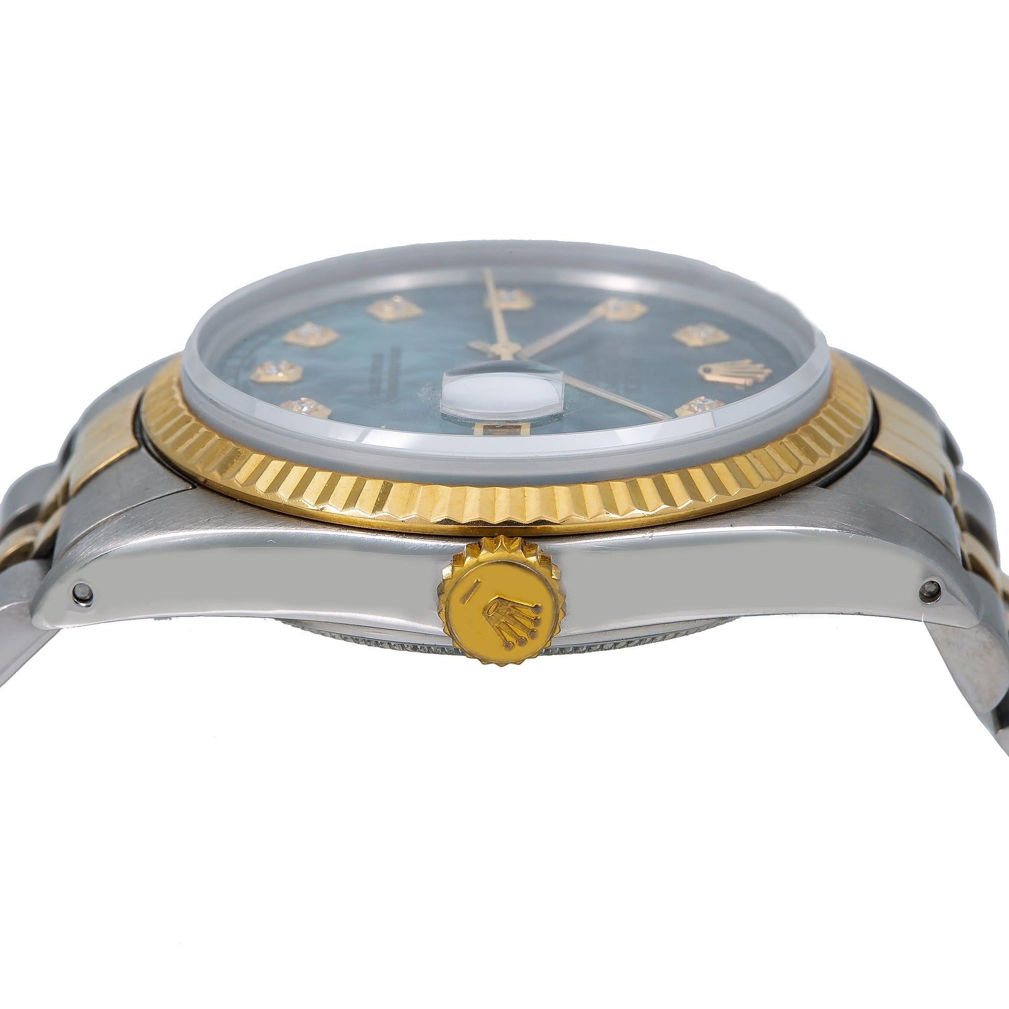 Rolex Datejust 36MM 16013 Blue Mother of Pearl Diamond Dial Fluted Bezel Two Tone Yellow Gold Jubilee Bracelet