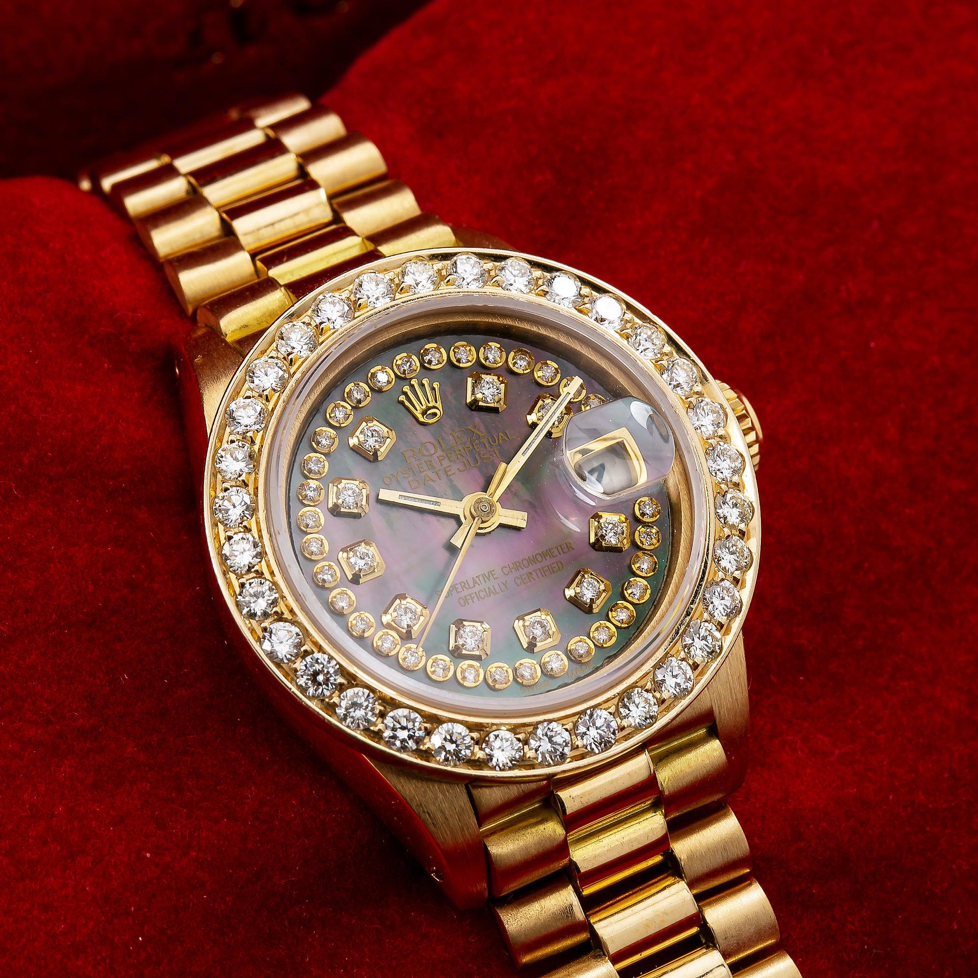 Rolex Datejust 26MM 69178 Black Mother of Pearl Diamond Dial Diamond Bezel 18K Yellow Gold President Bracelet