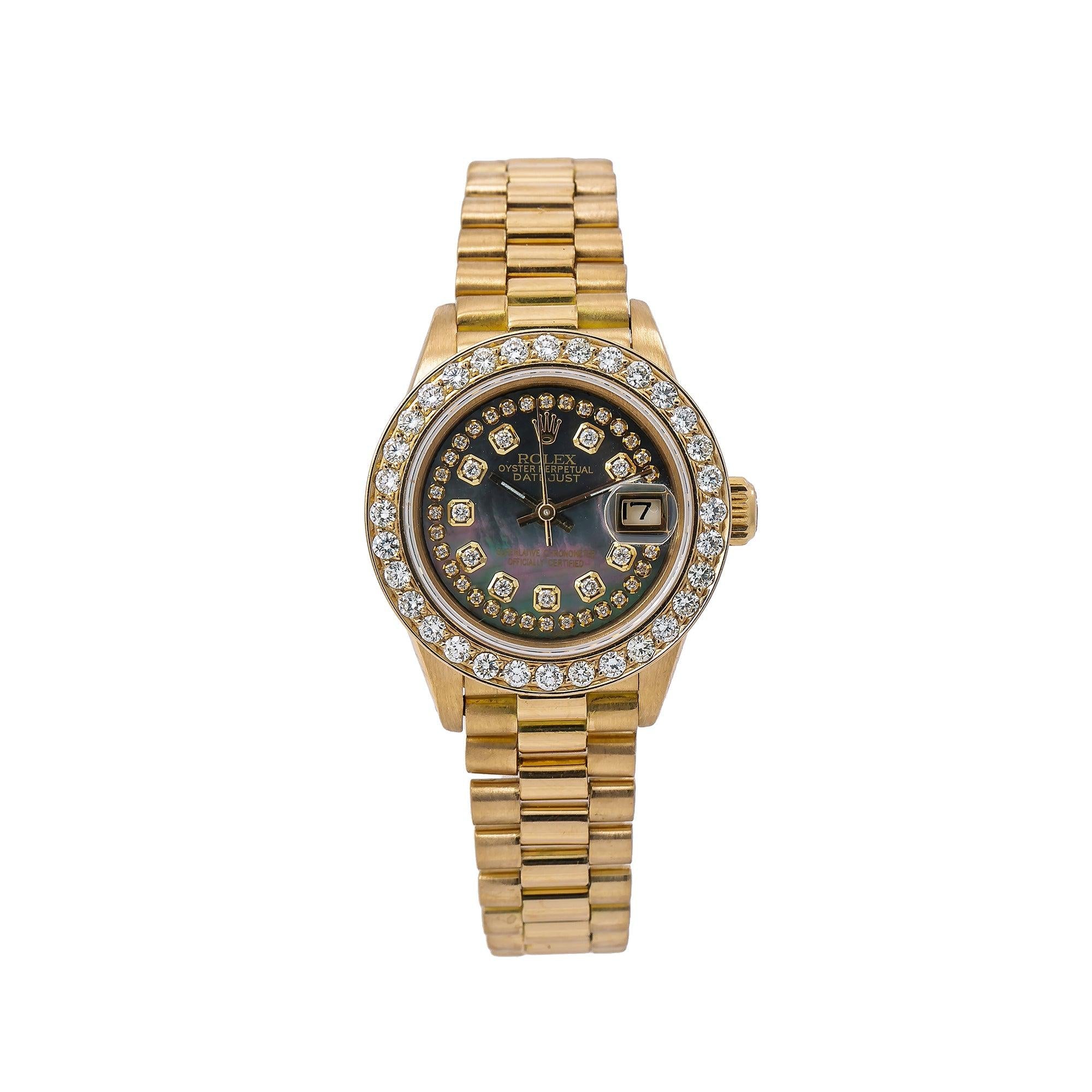 Rolex Datejust 26MM 69178 Black Mother of Pearl Diamond Dial Diamond Bezel 18K Yellow Gold President Bracelet