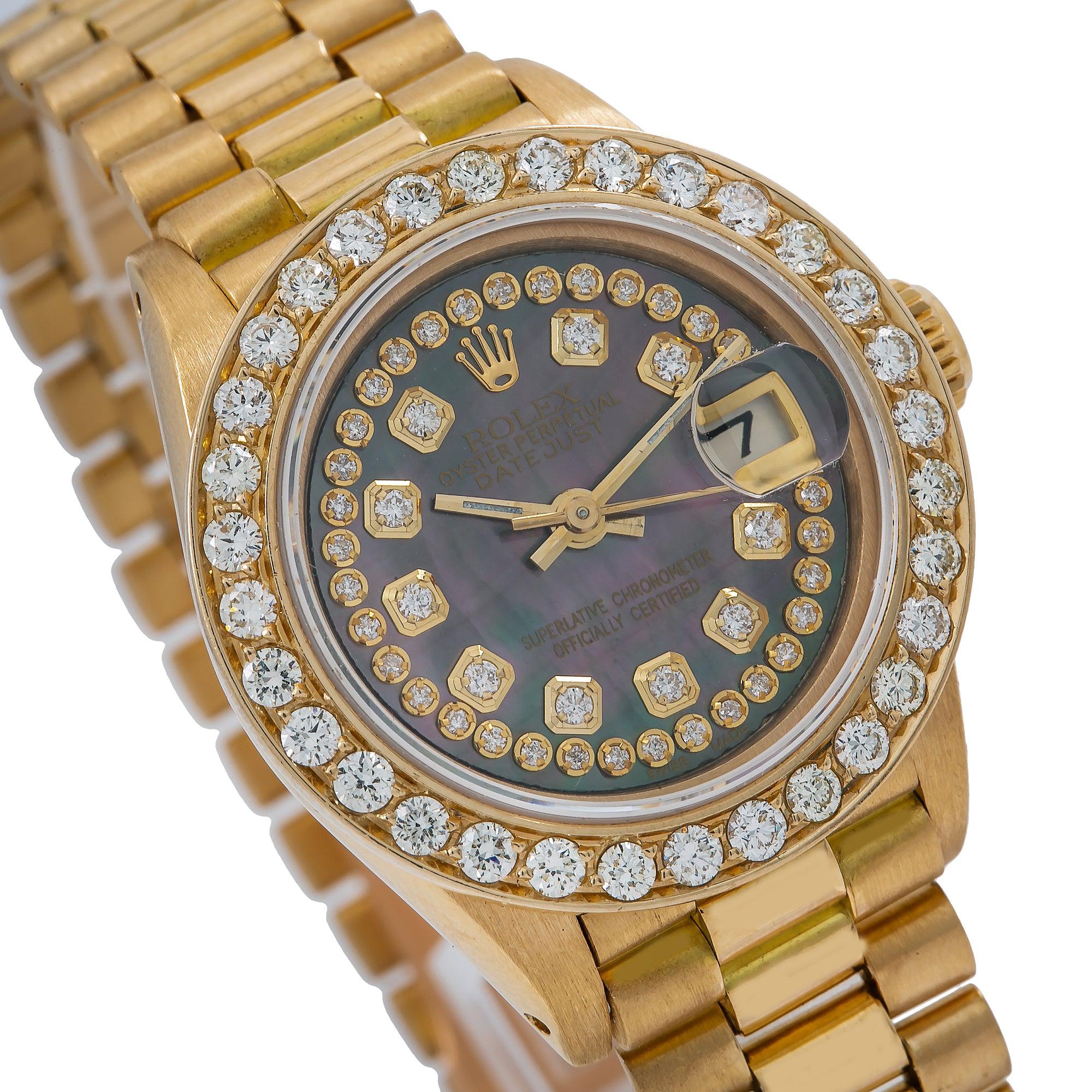 Rolex Datejust 26MM 69178 Black Mother of Pearl Diamond Dial Diamond Bezel 18K Yellow Gold President Bracelet