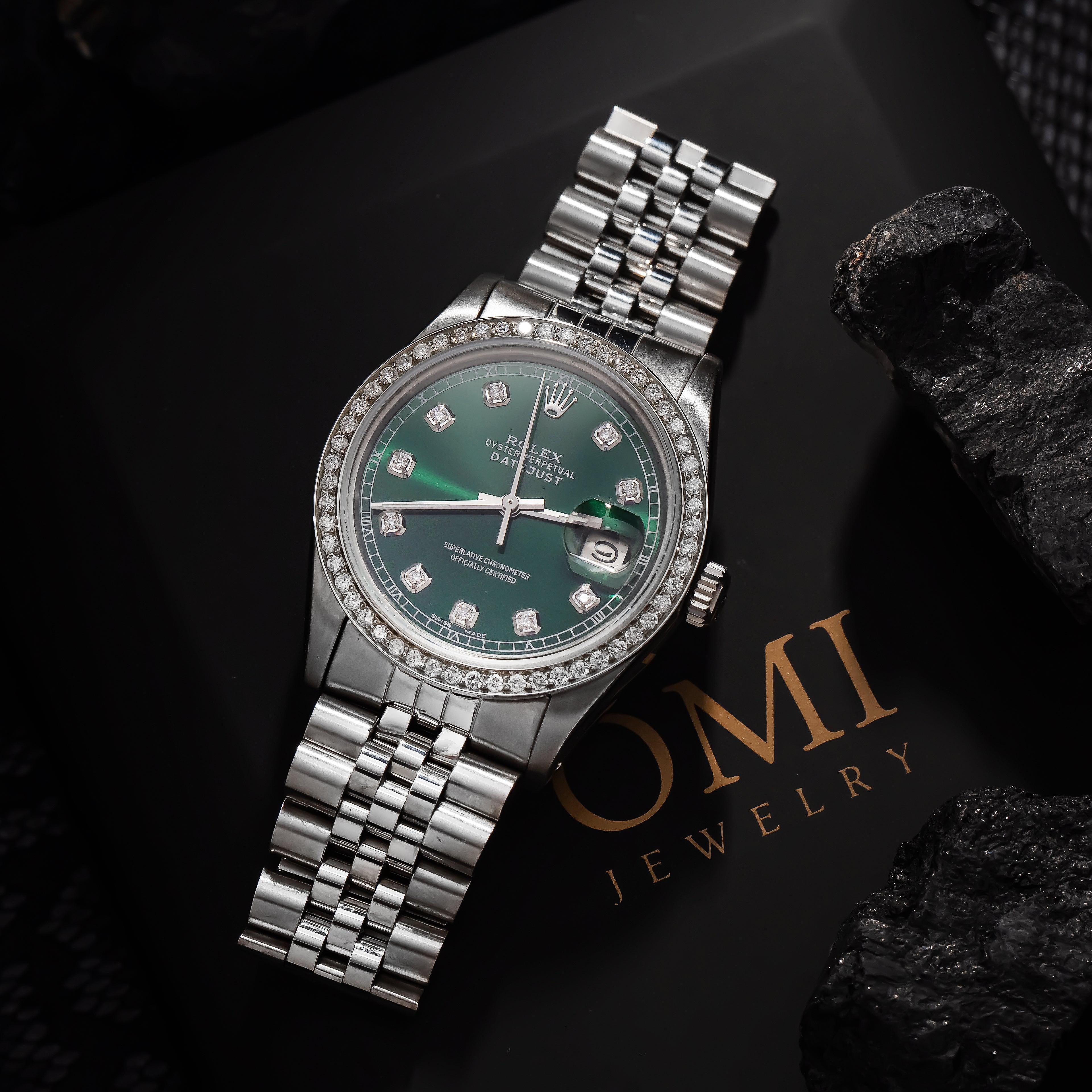 Rolex Datejust 36MM 1601 Green Diamond Dial Diamond Bezel Stainless Steel Jubilee Bracelet