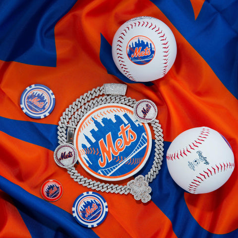 WHITE GOLD ROUND DIAMOND NEW YORK METS CUSTOM CUBAN CHAIN