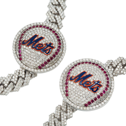 WHITE GOLD ROUND DIAMOND NEW YORK METS CUSTOM CUBAN CHAIN