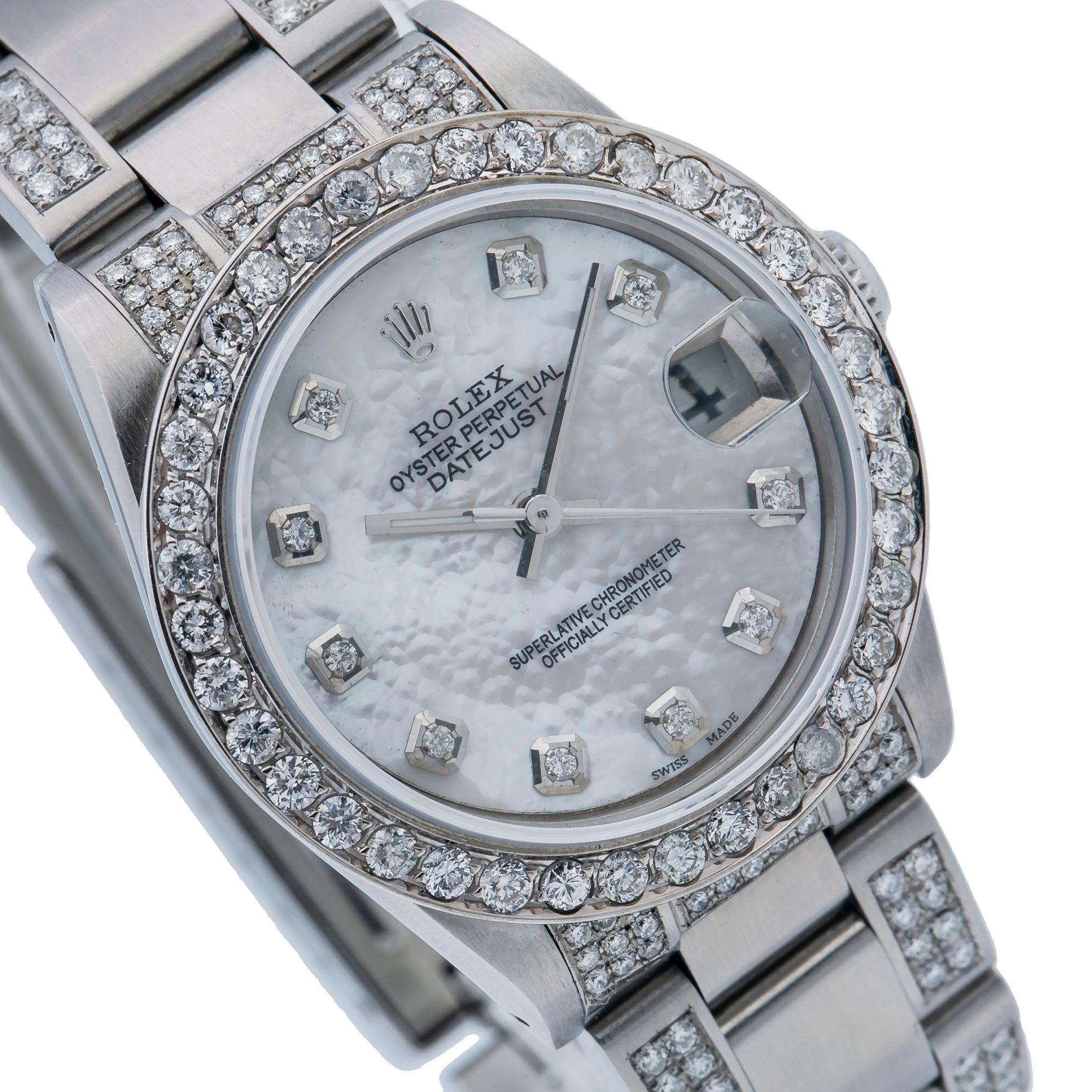 Rolex Datejust 31MM 78240 White Mother of Pearl Diamond Dial Diamond Bezel Stainless Steel Semi Diamond Oyster Bracelet 4.75ct