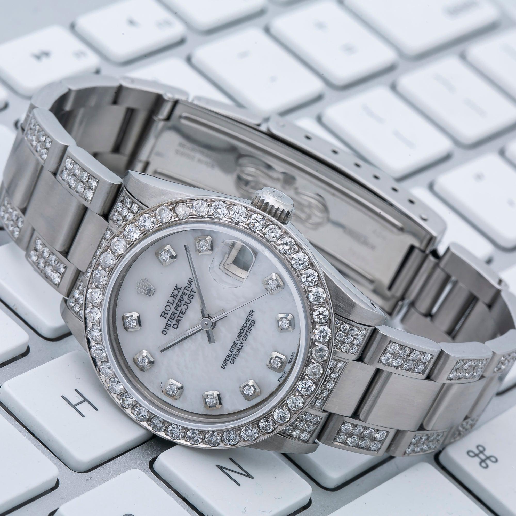 Rolex Datejust 31MM 6824 White Mother of Pearl Diamond Dial Diamond Bezel Stainless Steel Semi Diamond Oyster Bracelet 4.75ct
