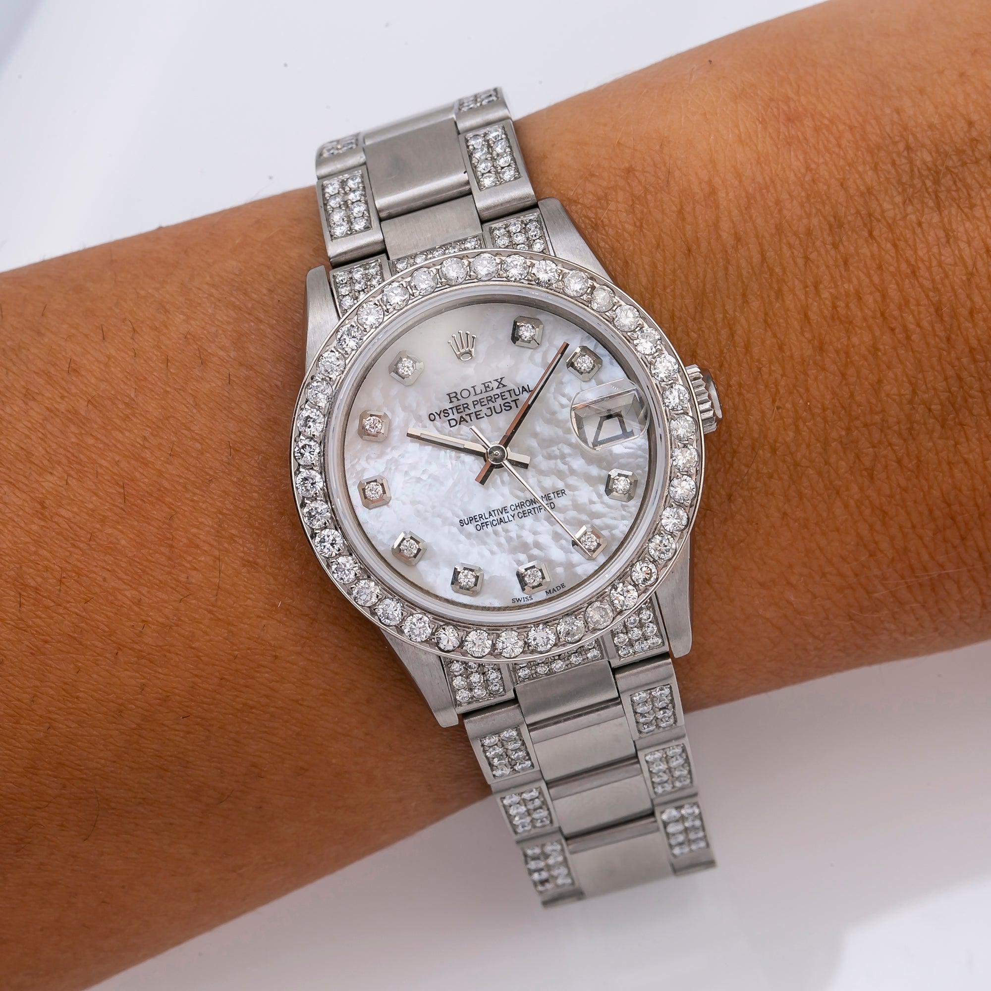 Rolex Datejust 31MM 6824 White Mother of Pearl Diamond Dial Diamond Bezel Stainless Steel Semi Diamond Oyster Bracelet 4.75ct