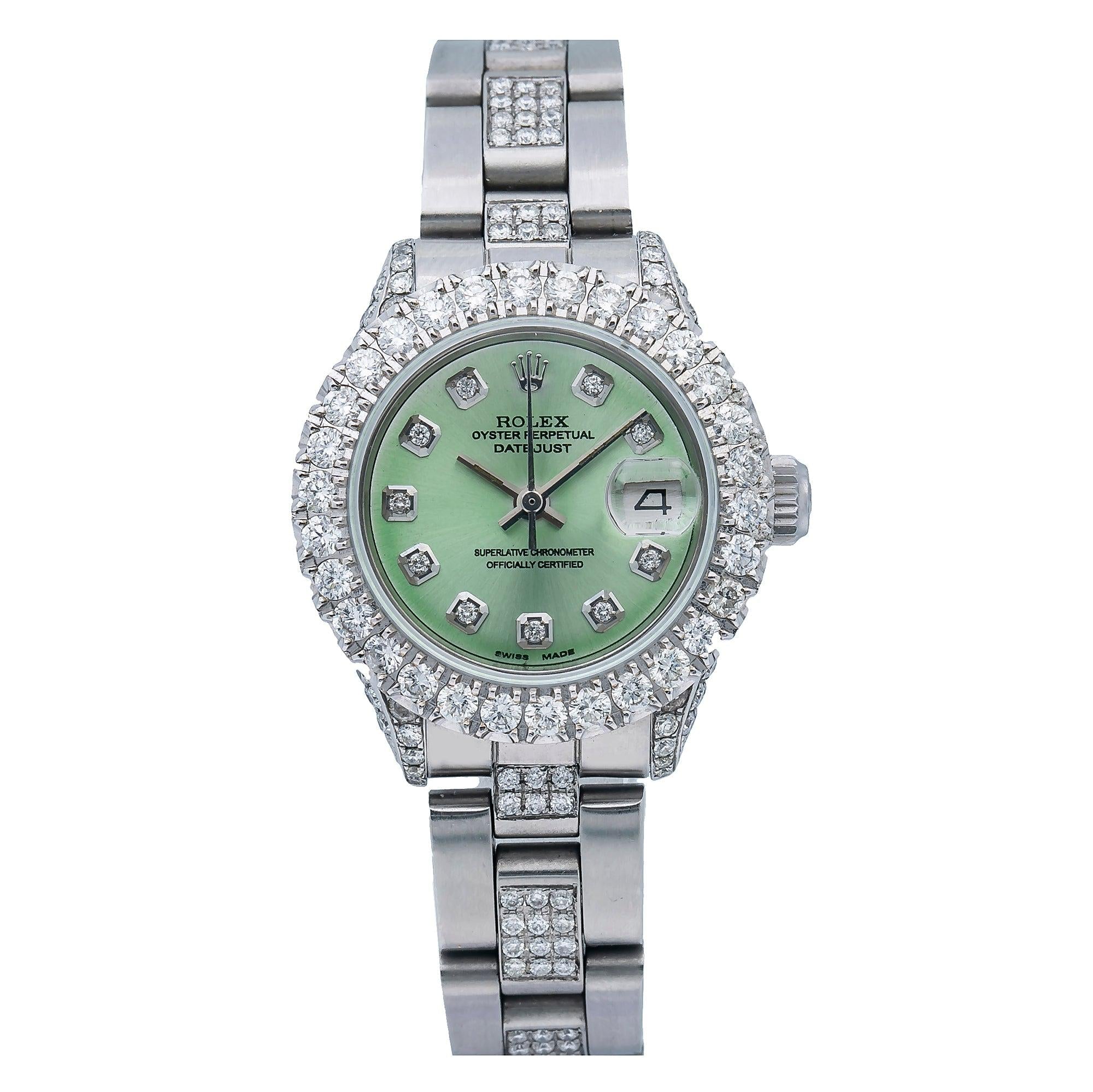 Rolex Datejust 26MM 69160 Green Diamond Dial Diamond Bezel Stainless Steel Oyster Bracelet