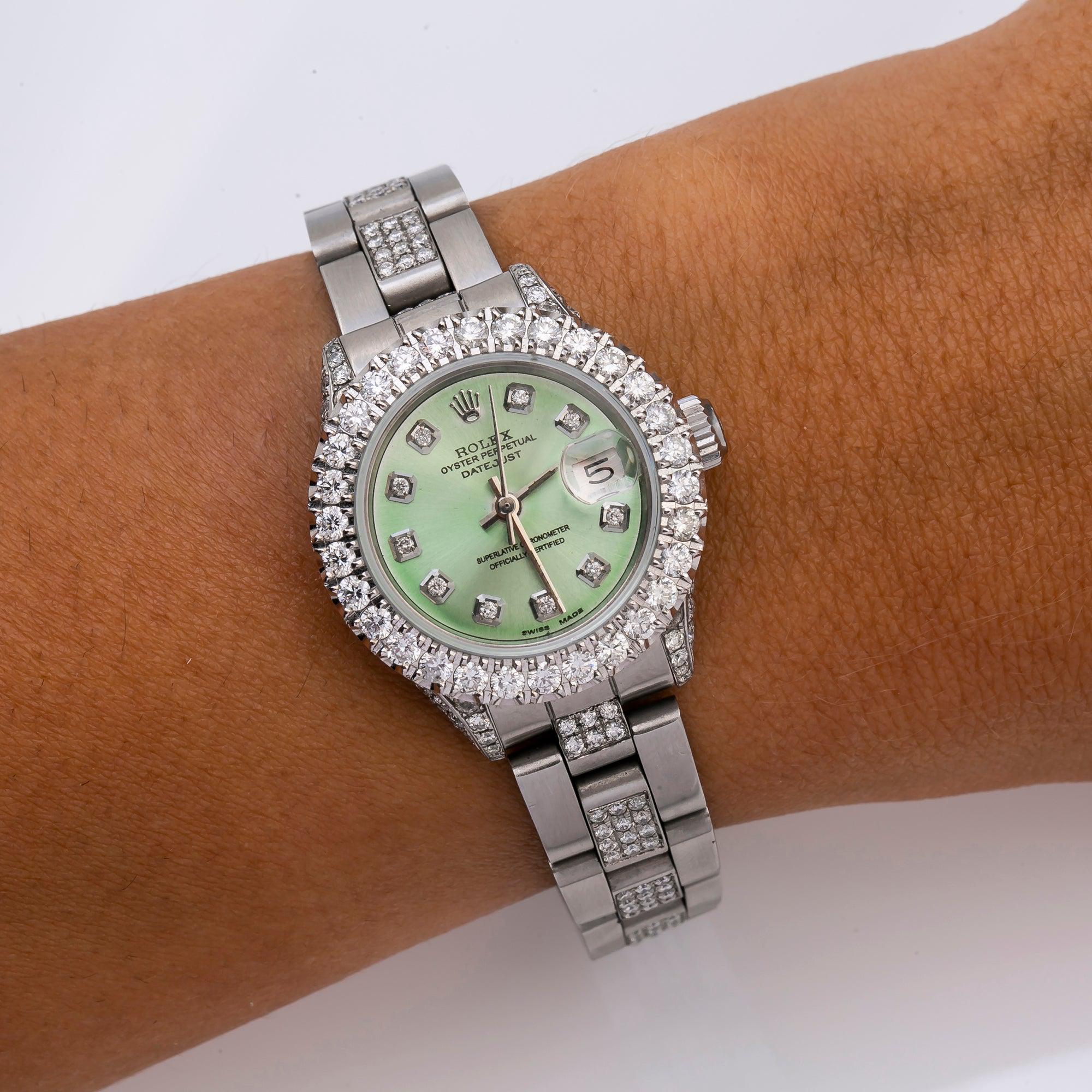 Rolex Datejust 26MM 69160 Green Diamond Dial Diamond Bezel Stainless Steel Oyster Bracelet