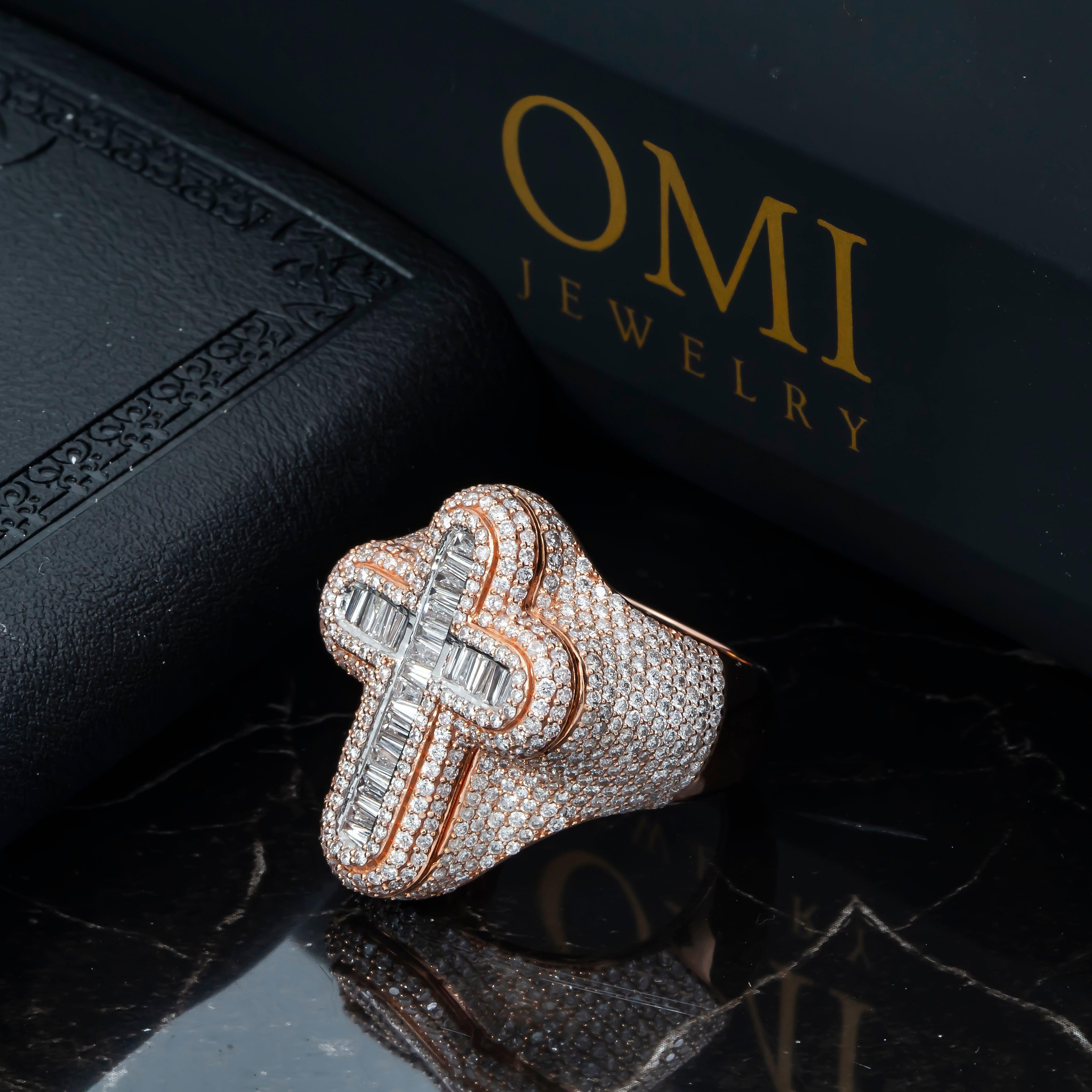 10K GOLD BAGUETTE AND ROUND DIAMOND CROSS STATEMENT RING 4.18 CT
