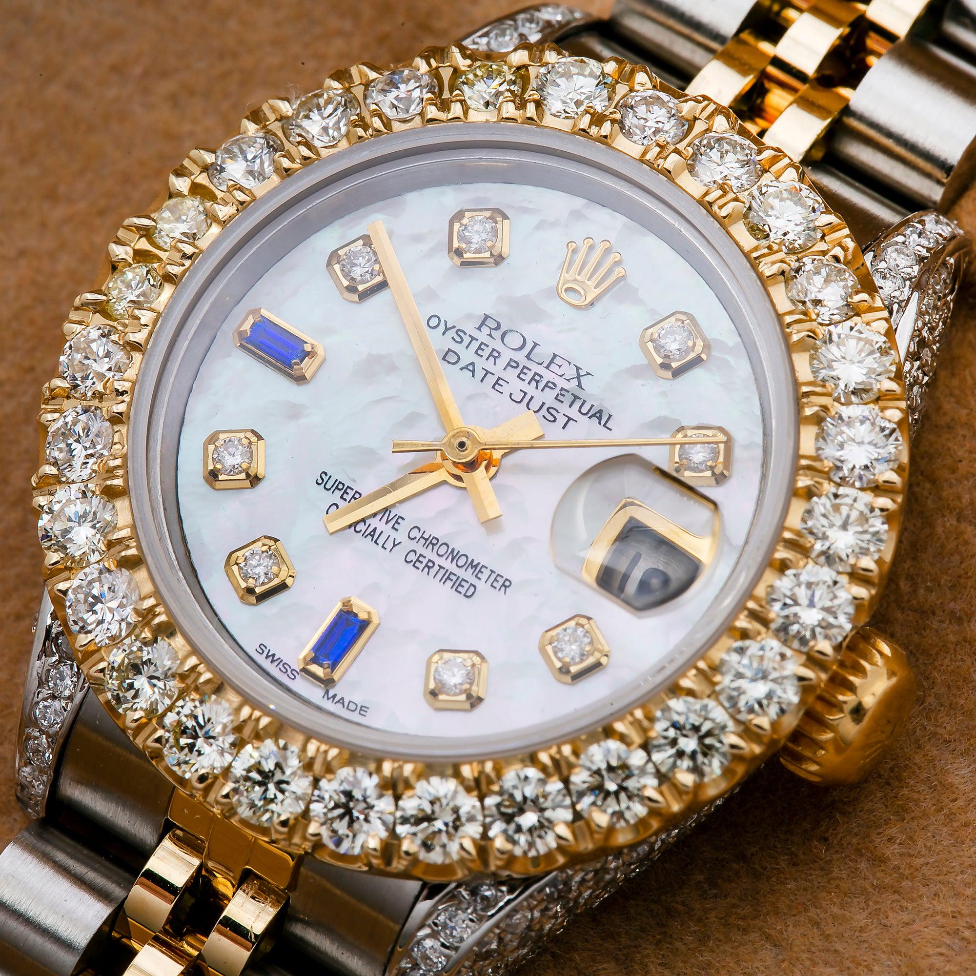 Rolex Datejust 26MM 6917 White Mother of Pearl Diamond Dial Diamond Bezel Two Tone Yellow Gold Jubilee Bracelet 2.75ct