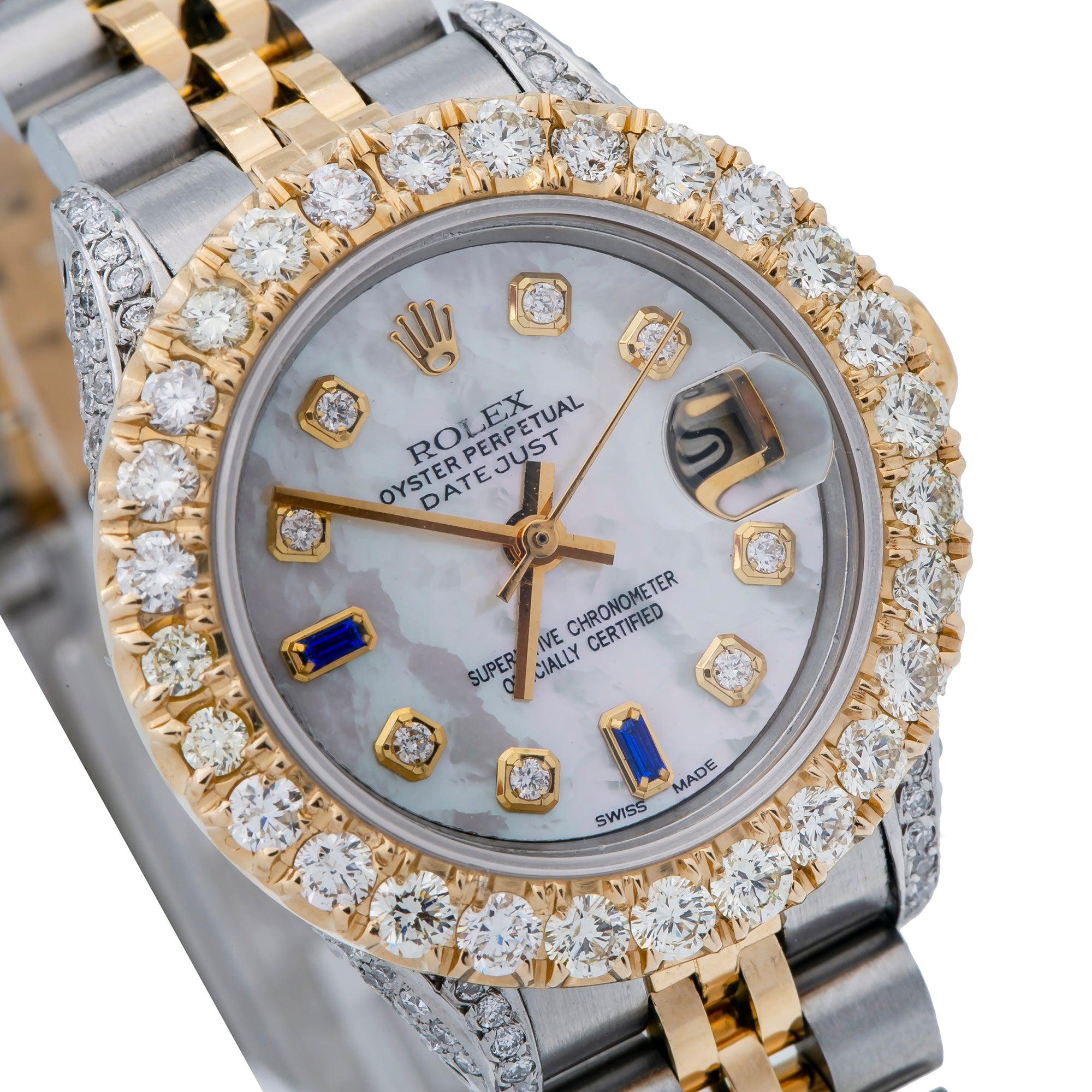 Rolex Datejust 26MM 6917 White Mother of Pearl Diamond Dial Diamond Bezel Two Tone Yellow Gold Jubilee Bracelet 2.75ct
