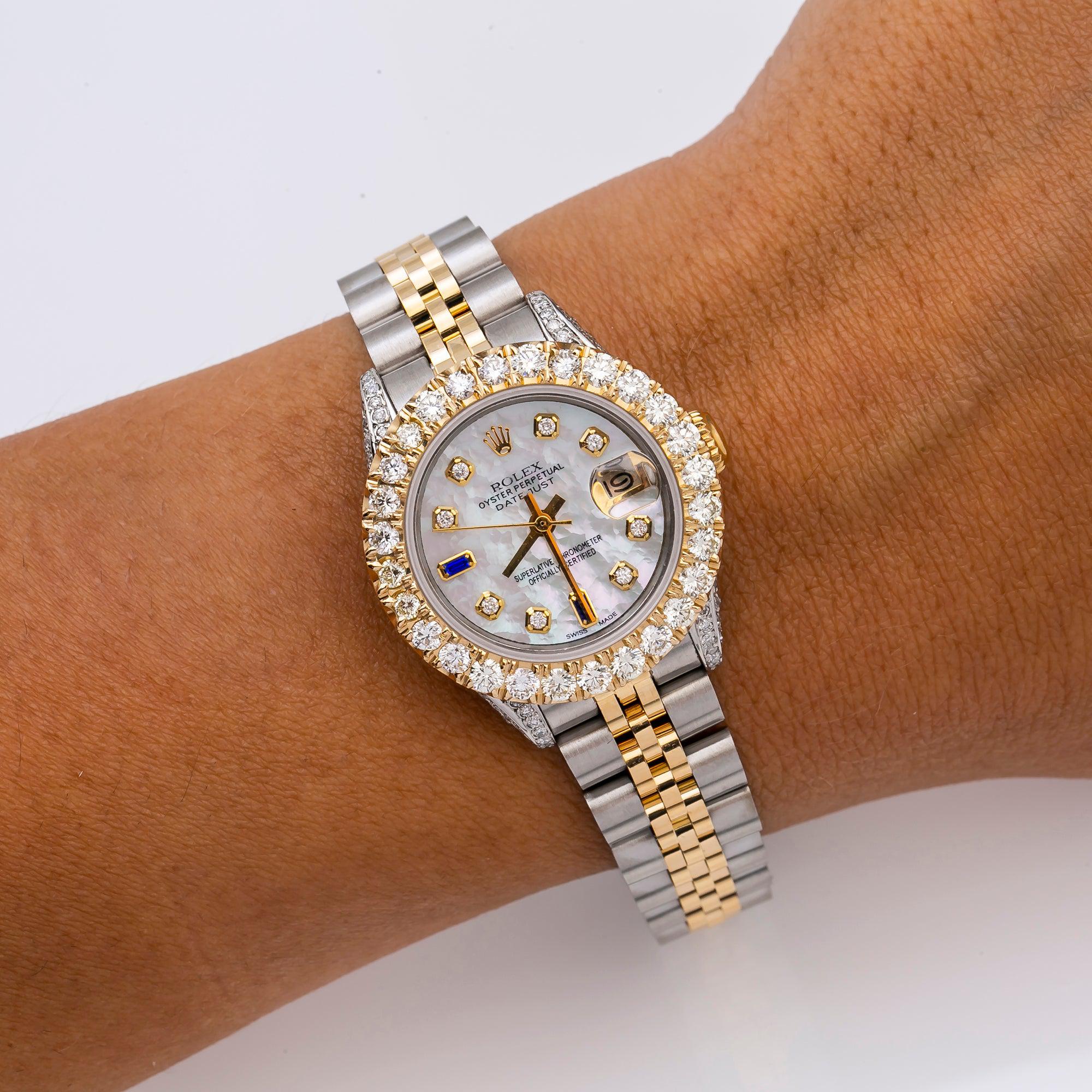 Rolex Datejust 26MM 6917 White Mother of Pearl Diamond Dial Diamond Bezel Two Tone Yellow Gold Jubilee Bracelet 2.75ct