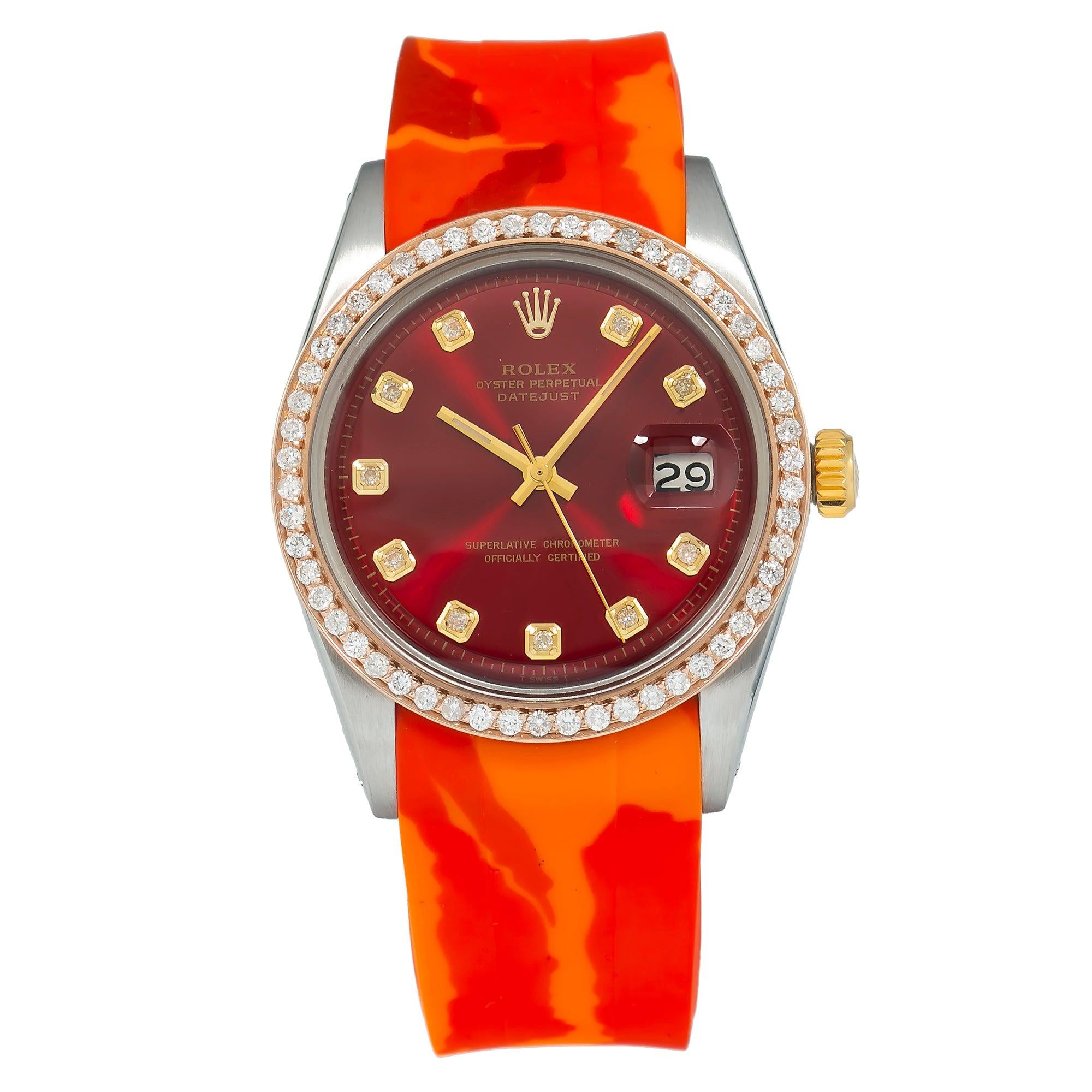 Rolex Datejust 36MM 1601 Red Diamond Dial Diamond Bezel Red Camo Rubber Strap