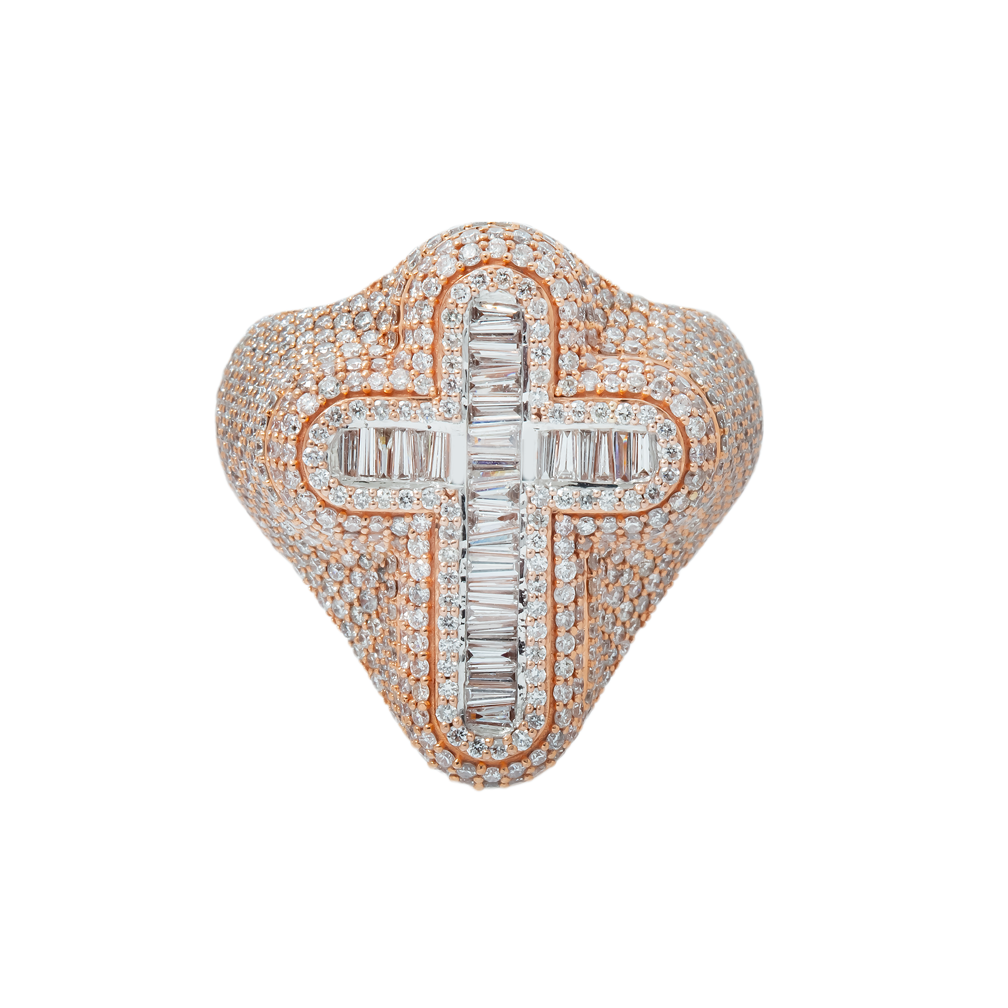 10K GOLD BAGUETTE AND ROUND DIAMOND CROSS STATEMENT RING 4.18 CT