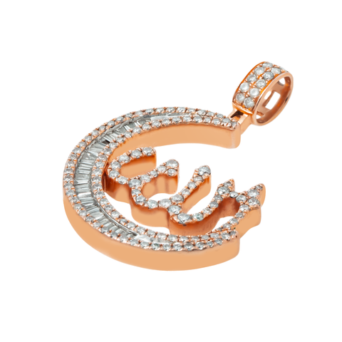 14K GOLD BAGUETTE AND ROUND DIAMOND CRESCENT MOON ALLAH PENDANT 2.00 CTW