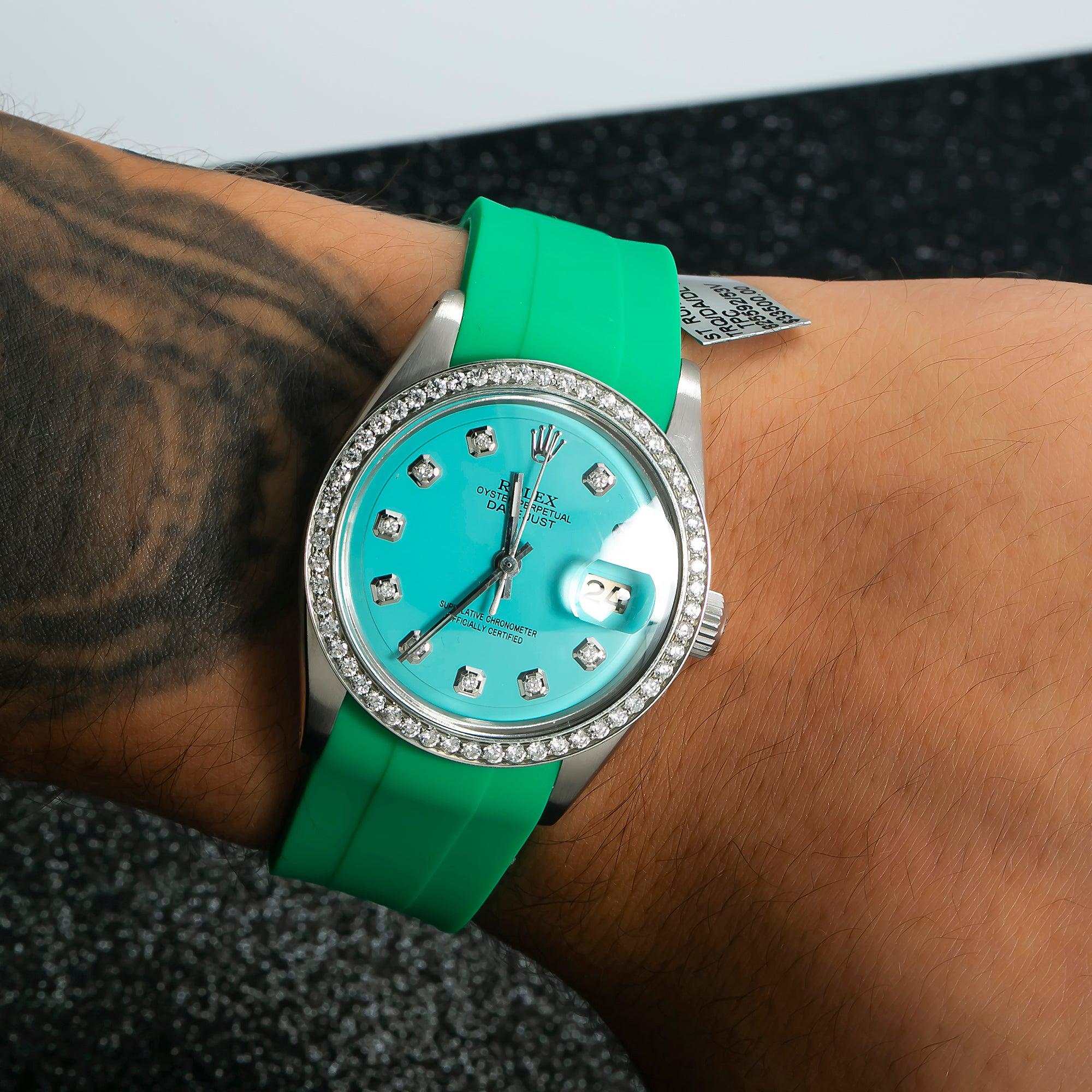 Rolex Datejust 36MM 1601 Turquoise Diamond Dial Diamond Bezel Green Rubber Strap