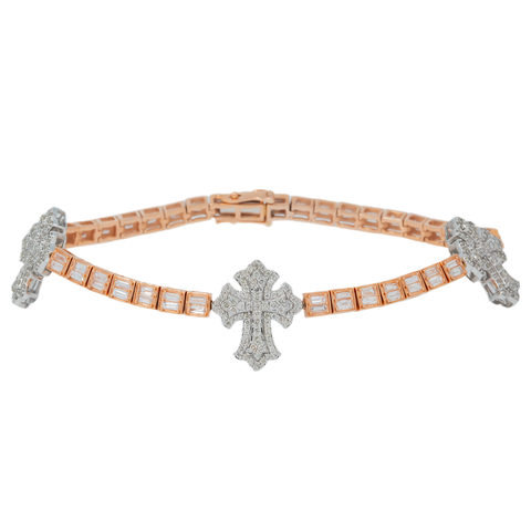 10K GOLD TWO TONE ROUND AND BAGUETTE DIAMONDS CROSS BRACELET 3.75 CT