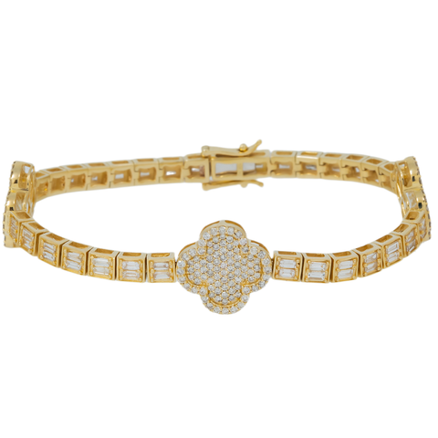 10K GOLD ROUND AND BAGUETTE DIAMONDS CLOVER BRACELET 3.75 CT