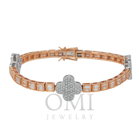 10K GOLD TWO TONE ROUND AND BAGUETTE DIAMONDS CLOVER BRACELET 3.50 CT