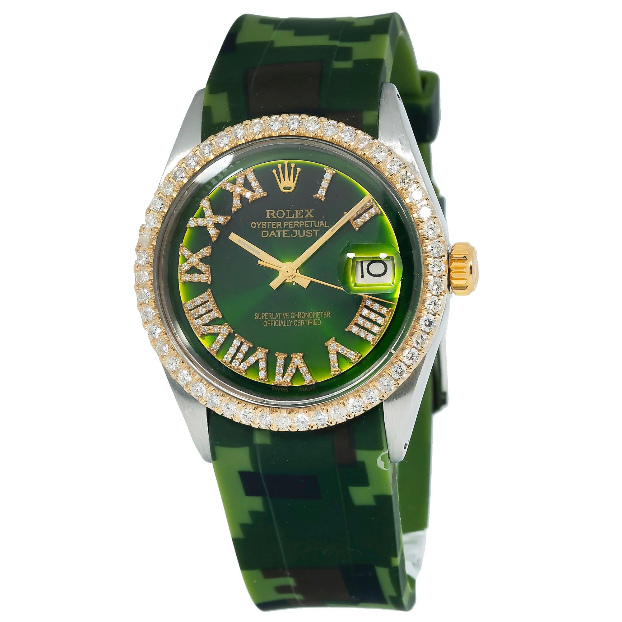Rolex Datejust 36MM 1601 Green Roman Dial Diamond Bezel Green Camo Rubber Strap