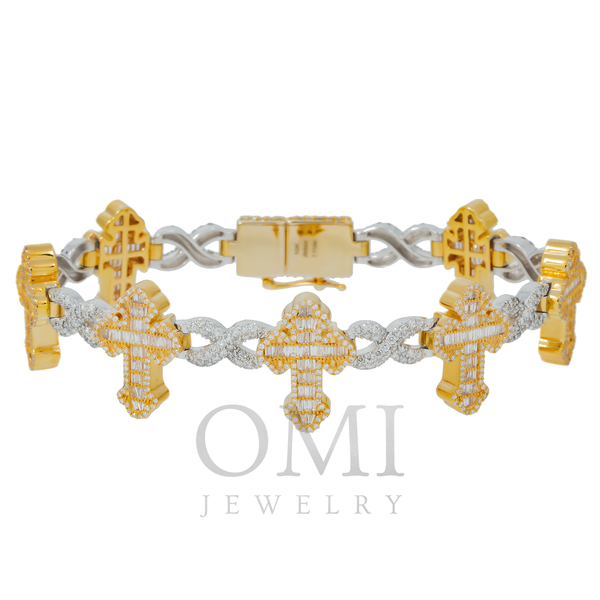 10K GOLD TWO TONE BAGUETTE AND ROUND DIAMONDS CROSS INFINITY CHAIN BRACELET 7.28 CT