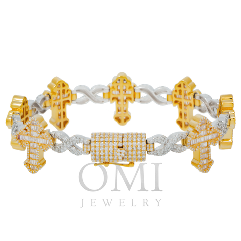 10K GOLD TWO TONE BAGUETTE AND ROUND DIAMONDS CROSS INFINITY CHAIN BRACELET 7.28 CT