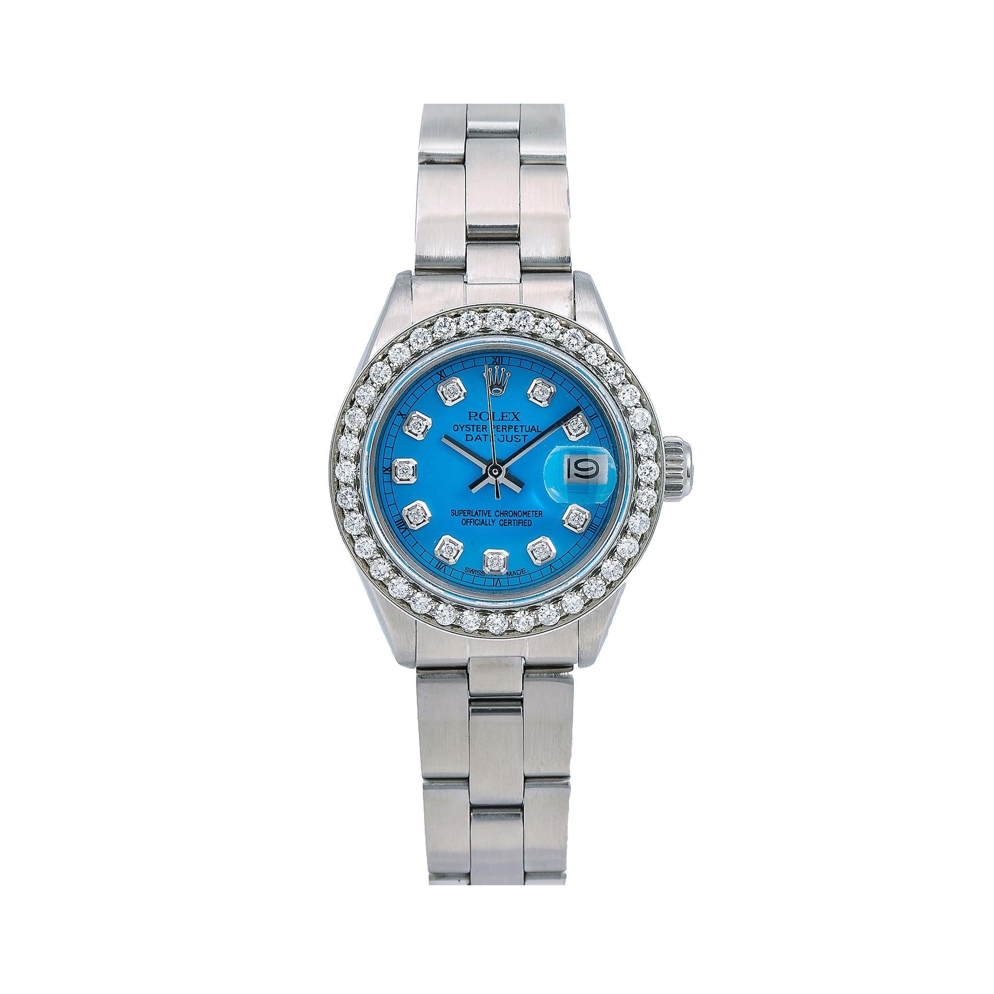 Rolex Datejust 26MM 69160 Blue Diamond Dial Diamond Bezel Stainless Steel Oyster Bracelet 0.9ct
