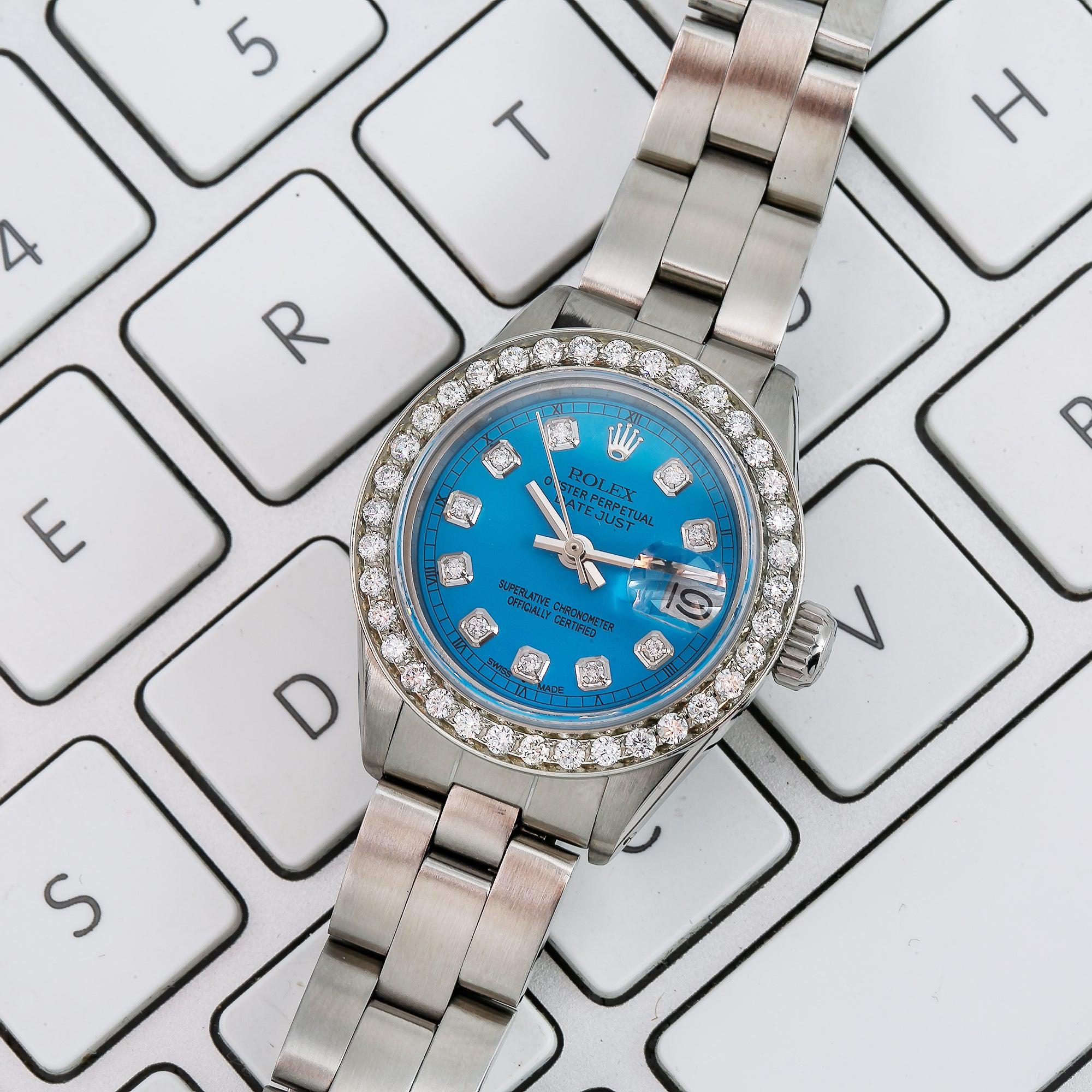 Rolex Datejust 26MM 69160 Blue Diamond Dial Diamond Bezel Stainless Steel Oyster Bracelet 0.9ct
